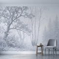 Winter Forest Peel and Stick Wall Mural, Snow Covered Birch Trees Misty Woodland Frosted Landscape Wallpaper
