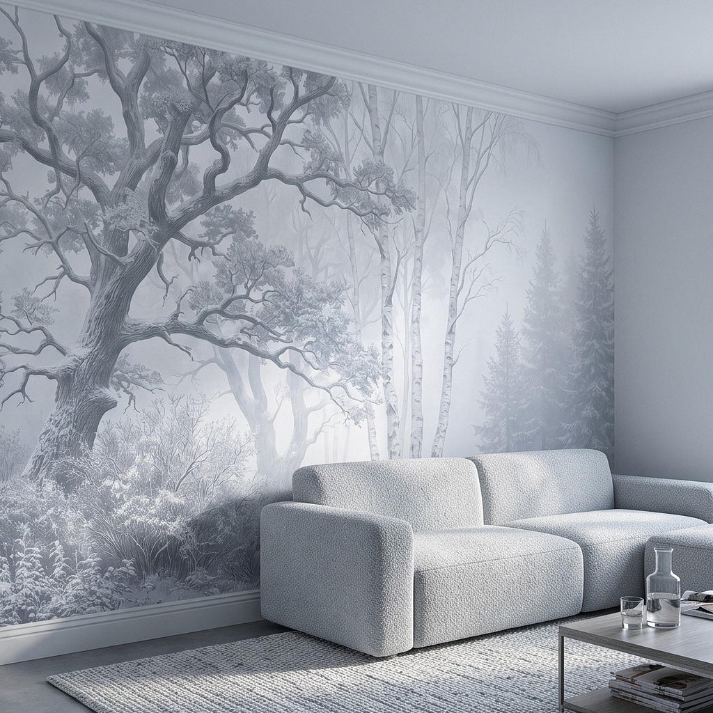 Winter Forest Peel and Stick Wall Mural, Snow Covered Birch Trees Misty Woodland Frosted Landscape Wallpaper