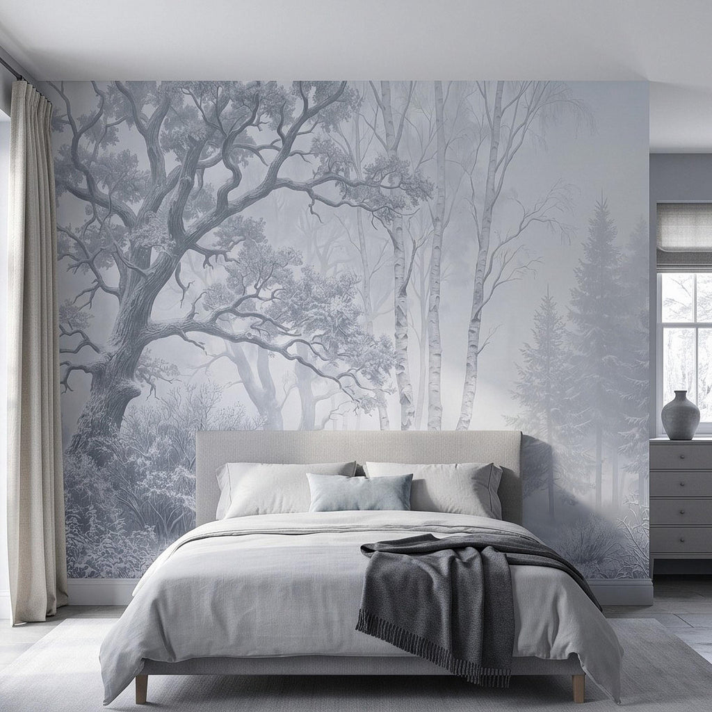 Winter Forest Peel and Stick Wall Mural, Snow Covered Birch Trees Misty Woodland Frosted Landscape Wallpaper
