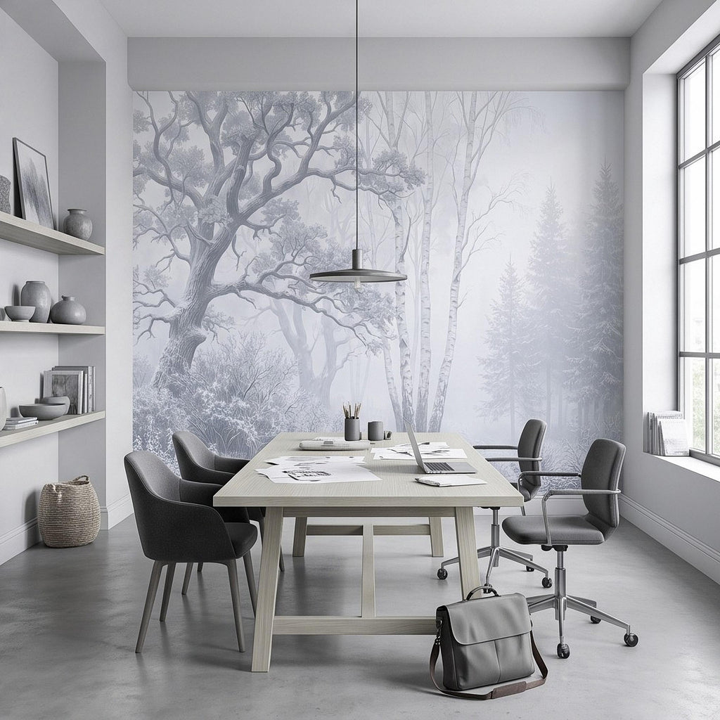 Winter Forest Peel and Stick Wall Mural, Snow Covered Birch Trees Misty Woodland Frosted Landscape Wallpaper
