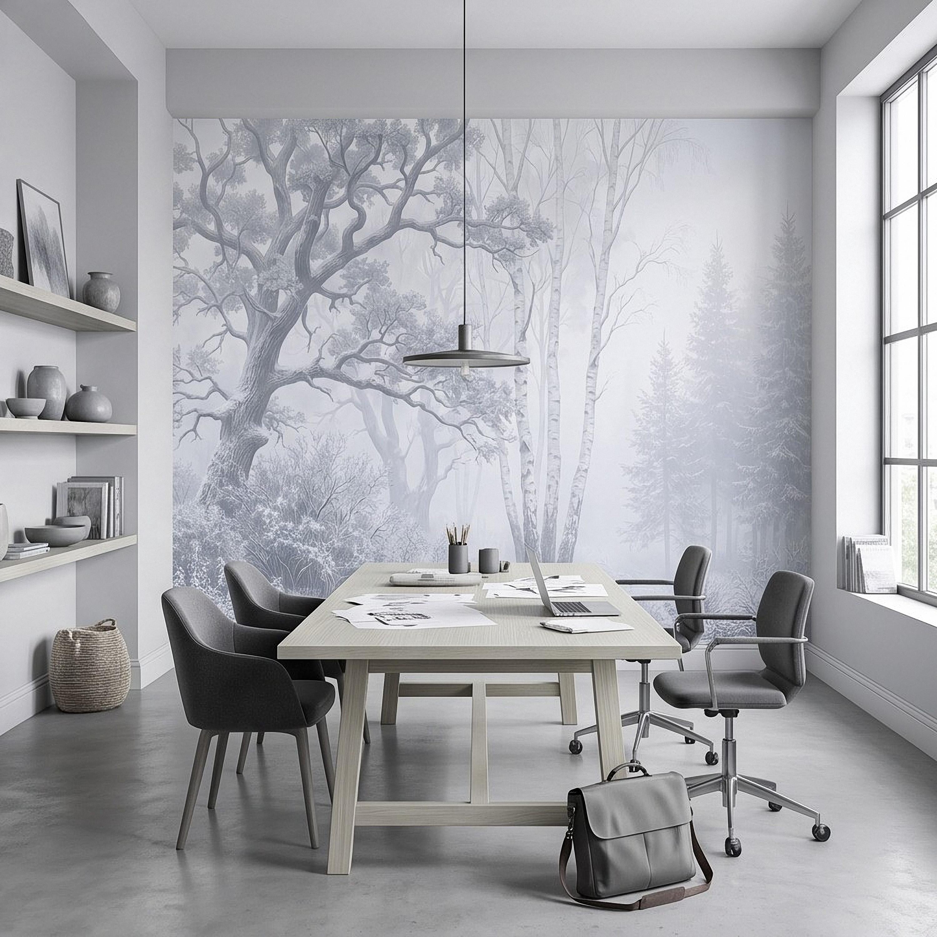 Winter Forest Peel and Stick Wall Mural, Snow Covered Birch Trees Misty Woodland Frosted Landscape Wallpaper