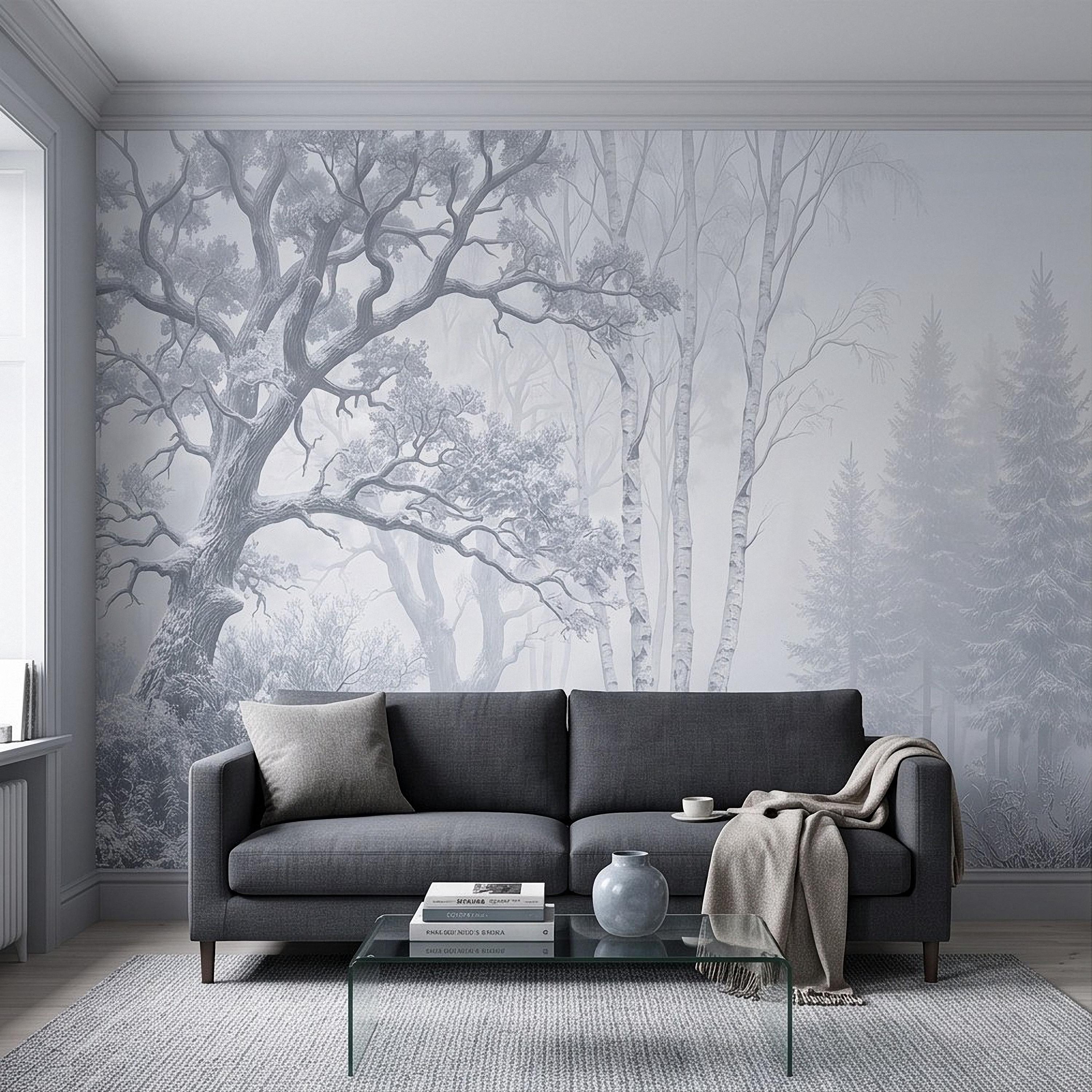 Winter Forest Peel and Stick Wall Mural, Snow Covered Birch Trees Misty Woodland Frosted Landscape Wallpaper