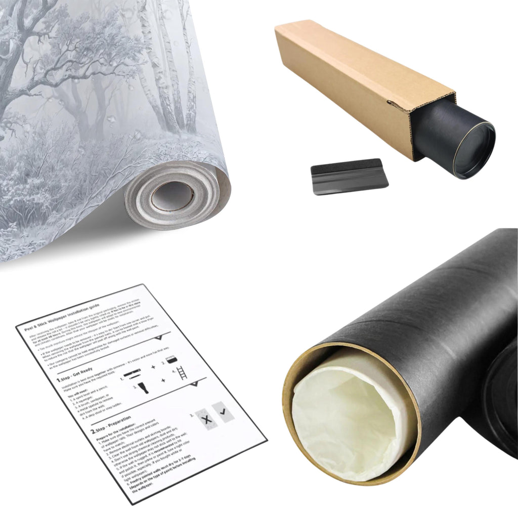 Winter Forest Peel and Stick Wall Mural, Snow Covered Birch Trees Misty Woodland Frosted Landscape Wallpaper