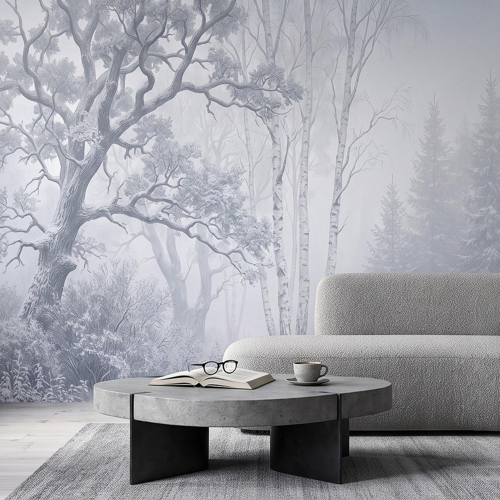 Winter Forest Peel and Stick Wall Mural, Snow Covered Birch Trees Misty Woodland Frosted Landscape Wallpaper