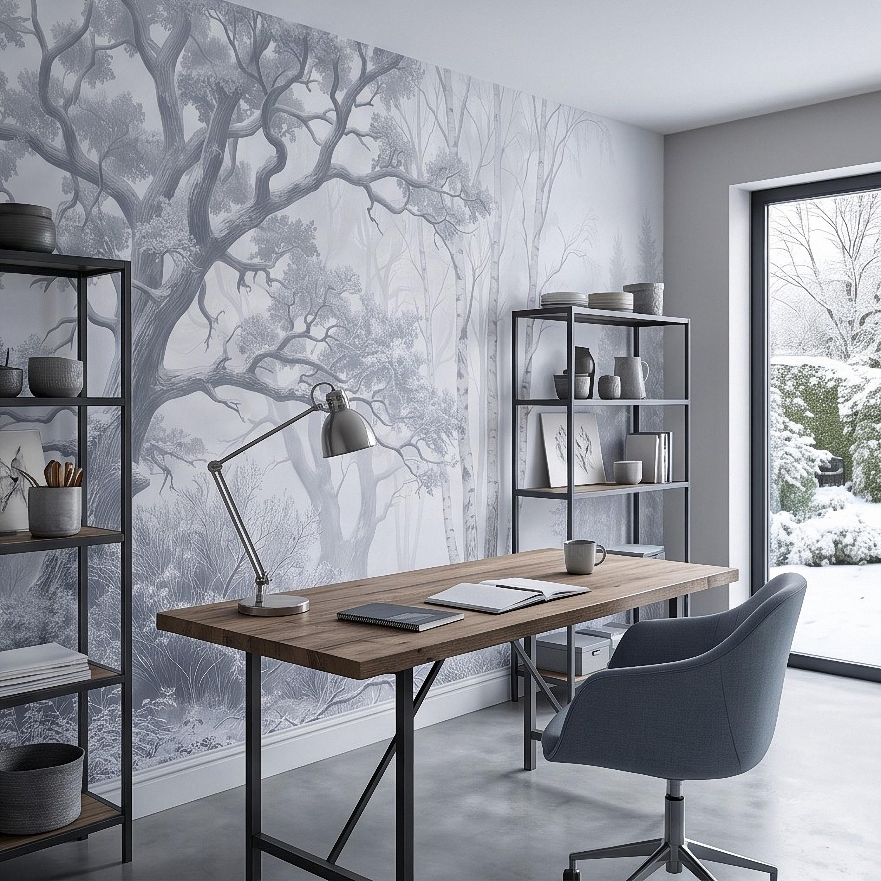 Winter Forest Peel and Stick Wall Mural, Snow Covered Birch Trees Misty Woodland Frosted Landscape Wallpaper