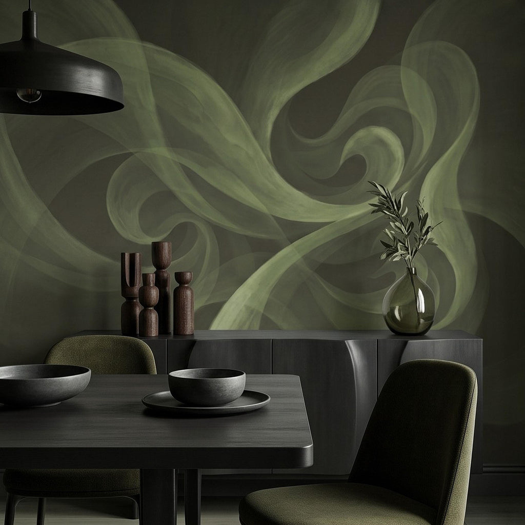 Abstract Sage Green Peel and Stick Wall Mural, Organic Brushstroke Flow Modern Minimalist Swirl Wallpaper