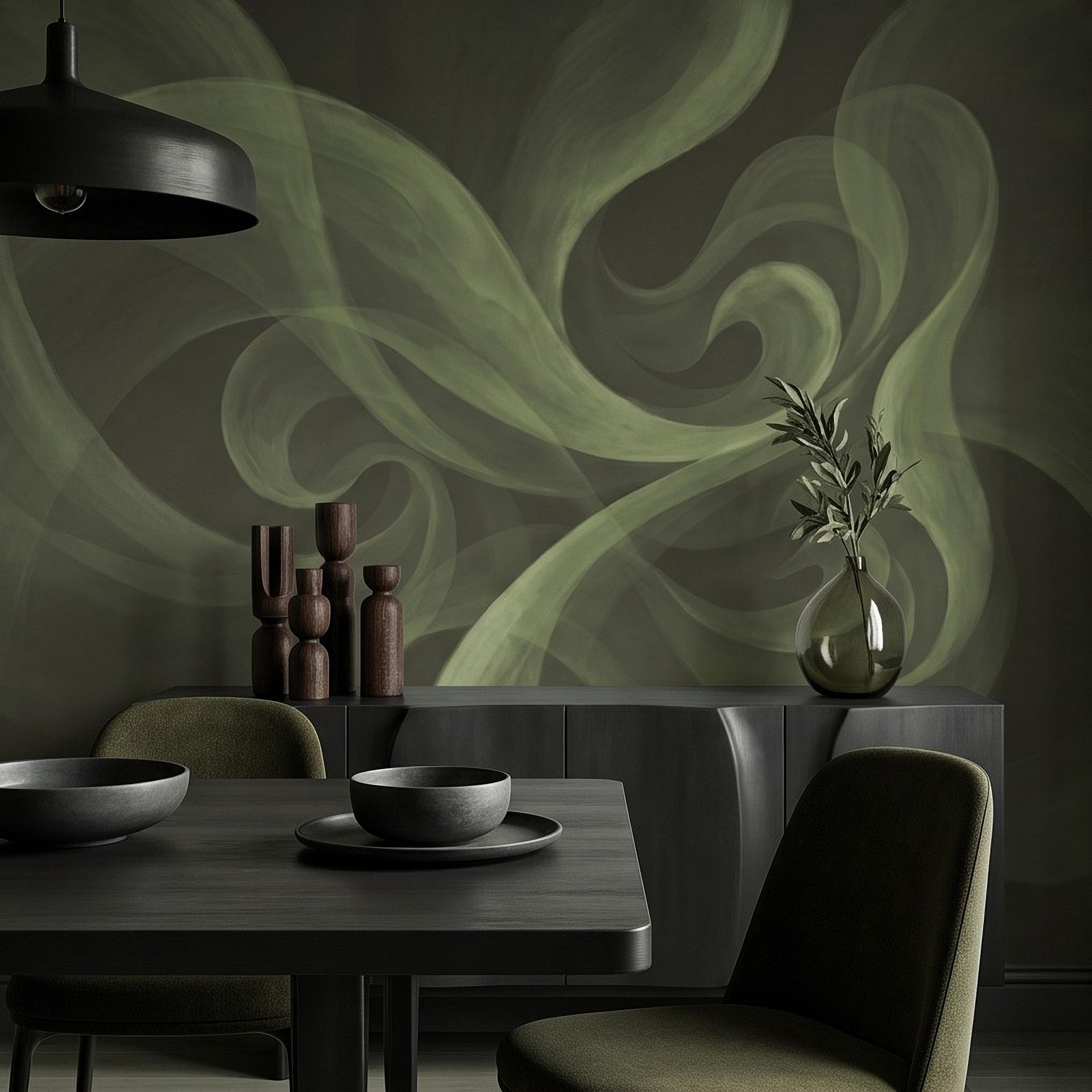 Abstract Sage Green Peel and Stick Wall Mural, Organic Brushstroke Flow Modern Minimalist Swirl Wallpaper