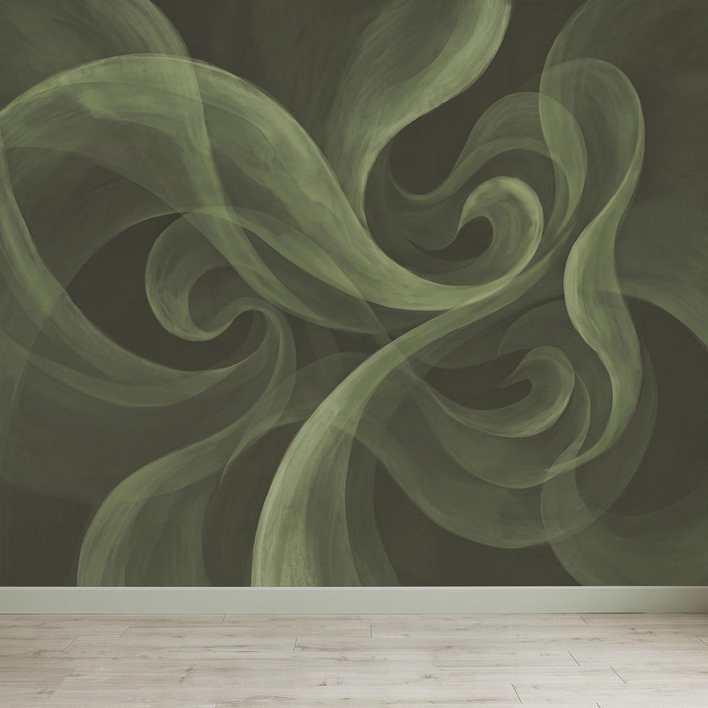 Abstract Sage Green Peel and Stick Wall Mural, Organic Brushstroke Flow Modern Minimalist Swirl Wallpaper