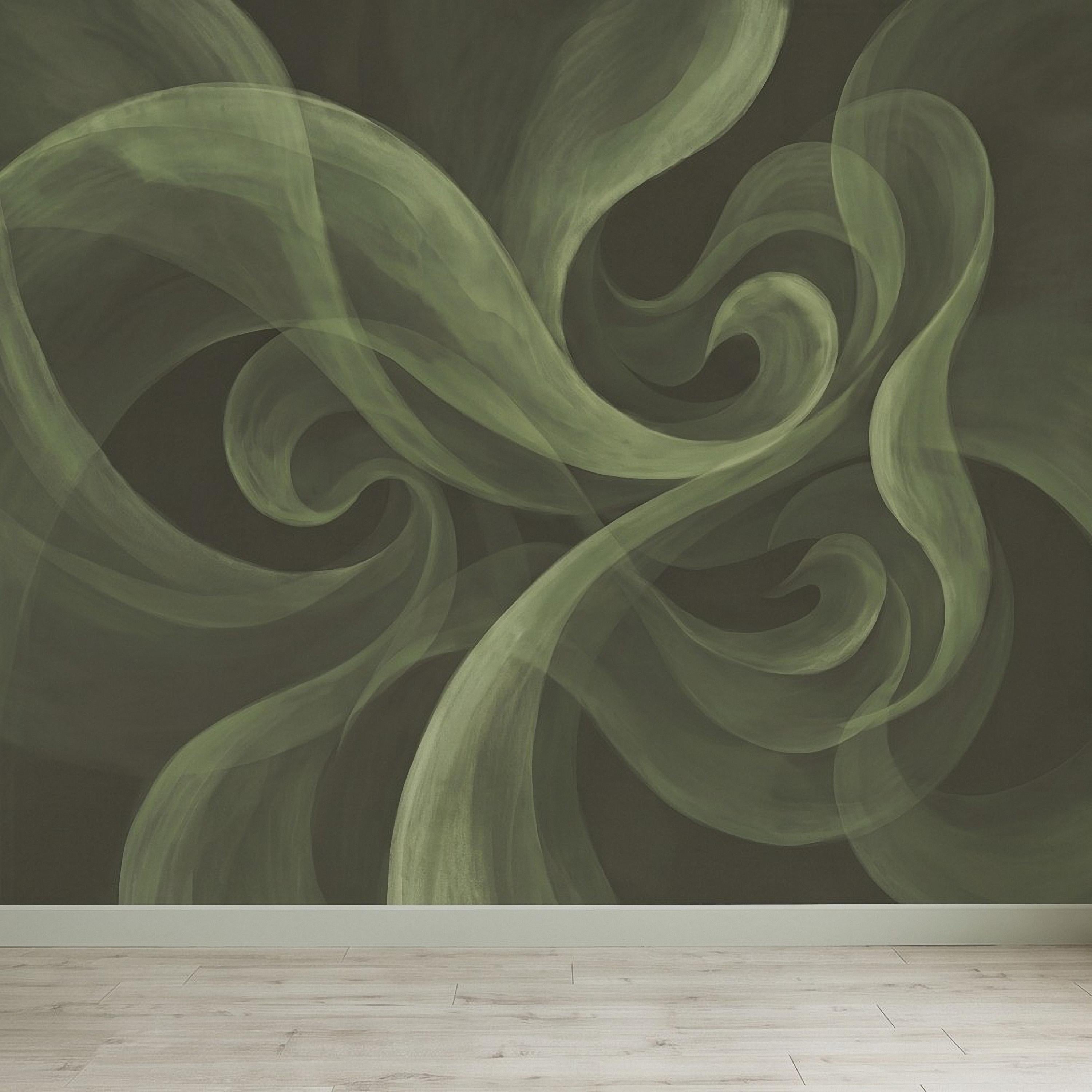 Abstract Sage Green Peel and Stick Wall Mural, Organic Brushstroke Flow Modern Minimalist Swirl Wallpaper