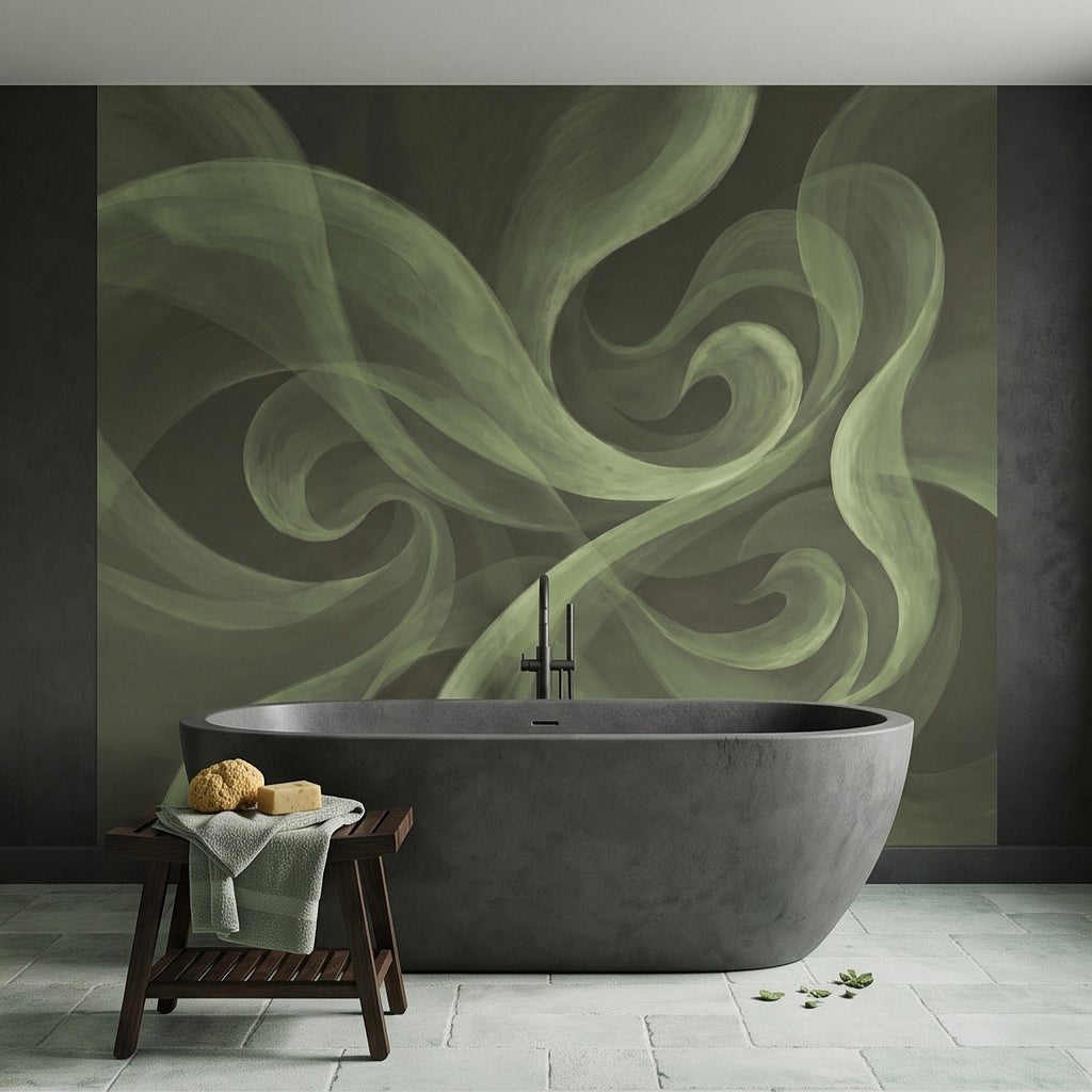Abstract Sage Green Peel and Stick Wall Mural, Organic Brushstroke Flow Modern Minimalist Swirl Wallpaper