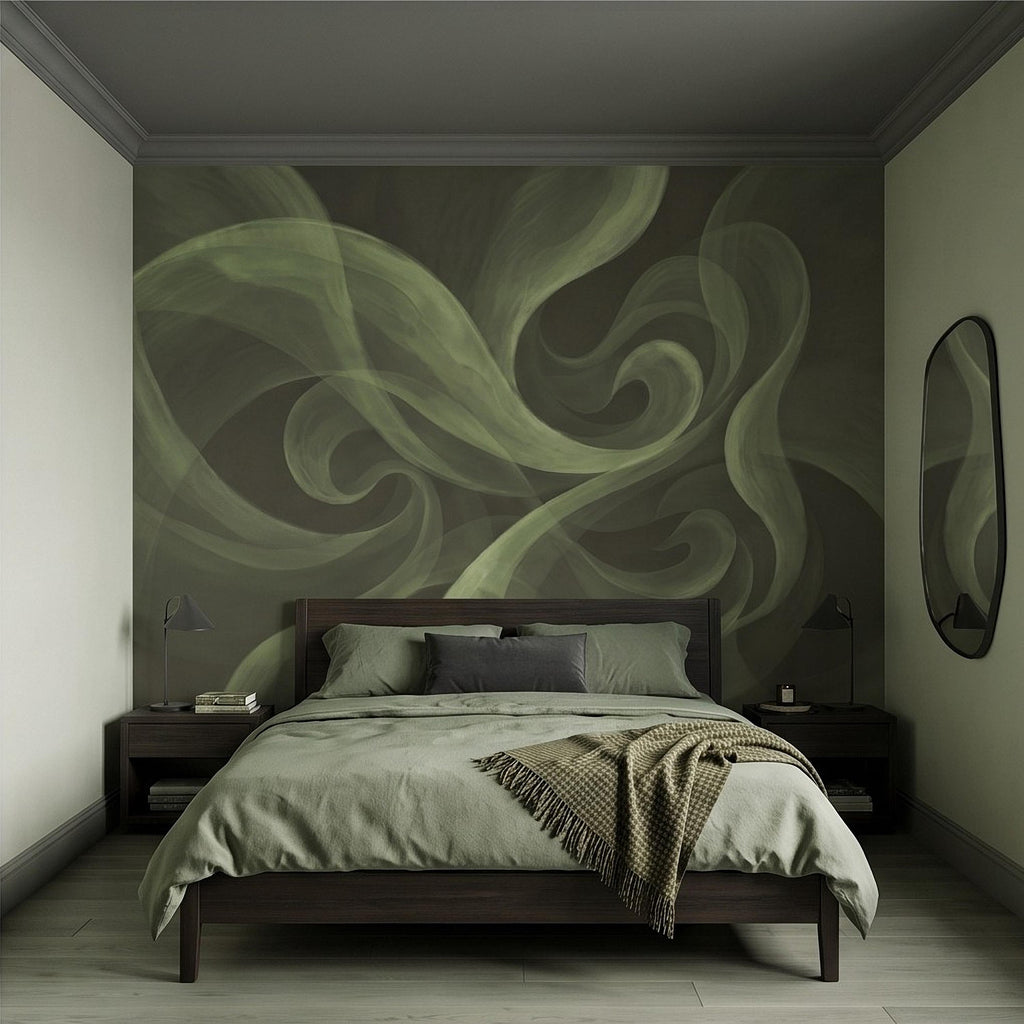 Abstract Sage Green Peel and Stick Wall Mural, Organic Brushstroke Flow Modern Minimalist Swirl Wallpaper