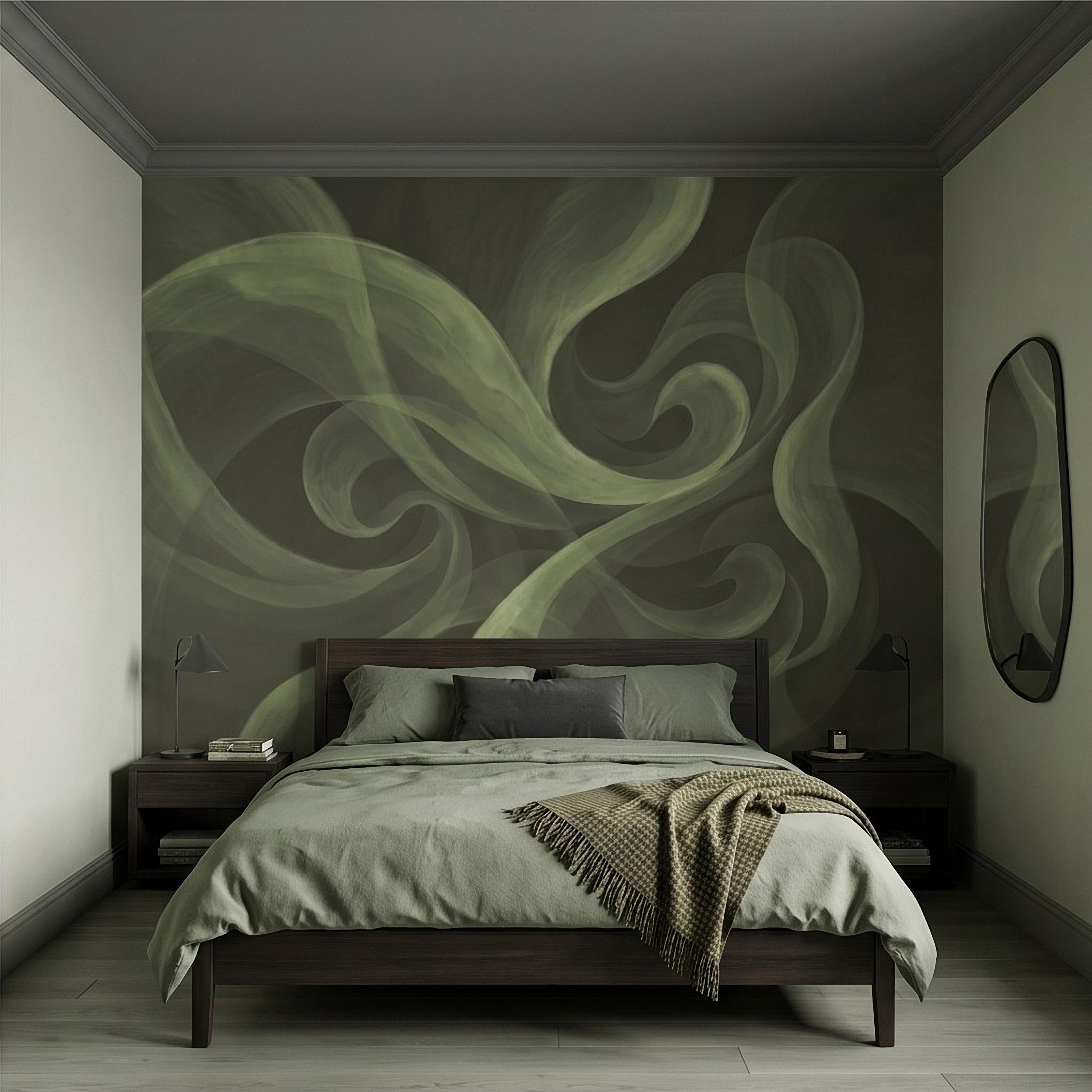 Abstract Sage Green Peel and Stick Wall Mural, Organic Brushstroke Flow Modern Minimalist Swirl Wallpaper