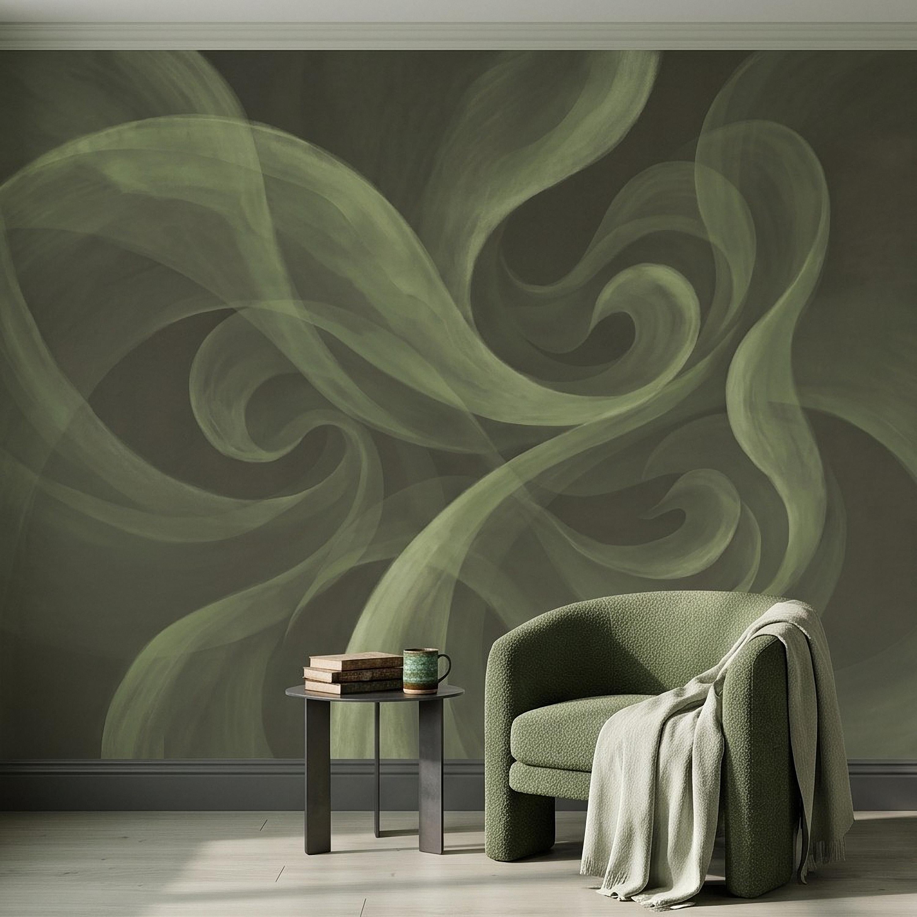 Abstract Sage Green Peel and Stick Wall Mural, Organic Brushstroke Flow Modern Minimalist Swirl Wallpaper