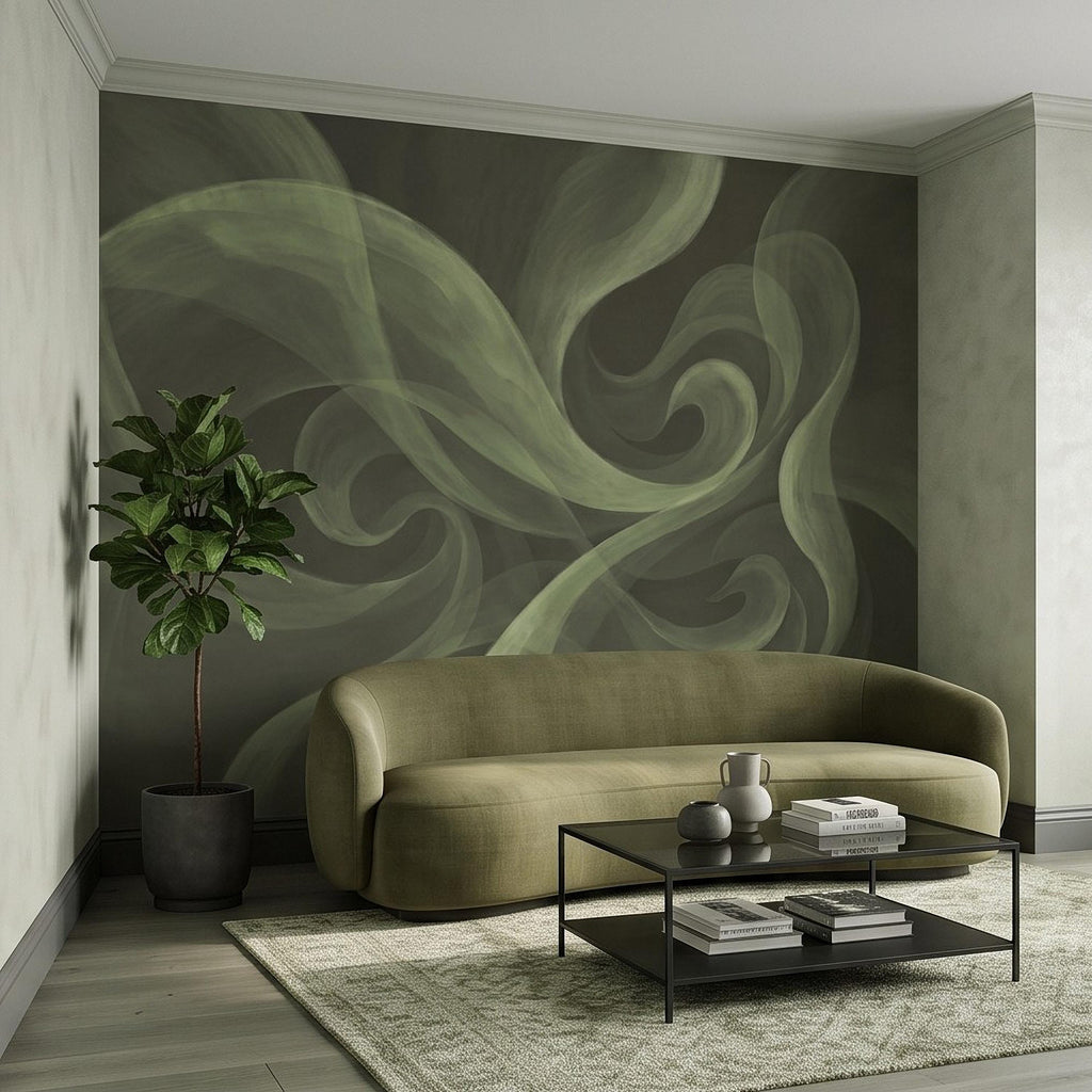 Abstract Sage Green Peel and Stick Wall Mural, Organic Brushstroke Flow Modern Minimalist Swirl Wallpaper