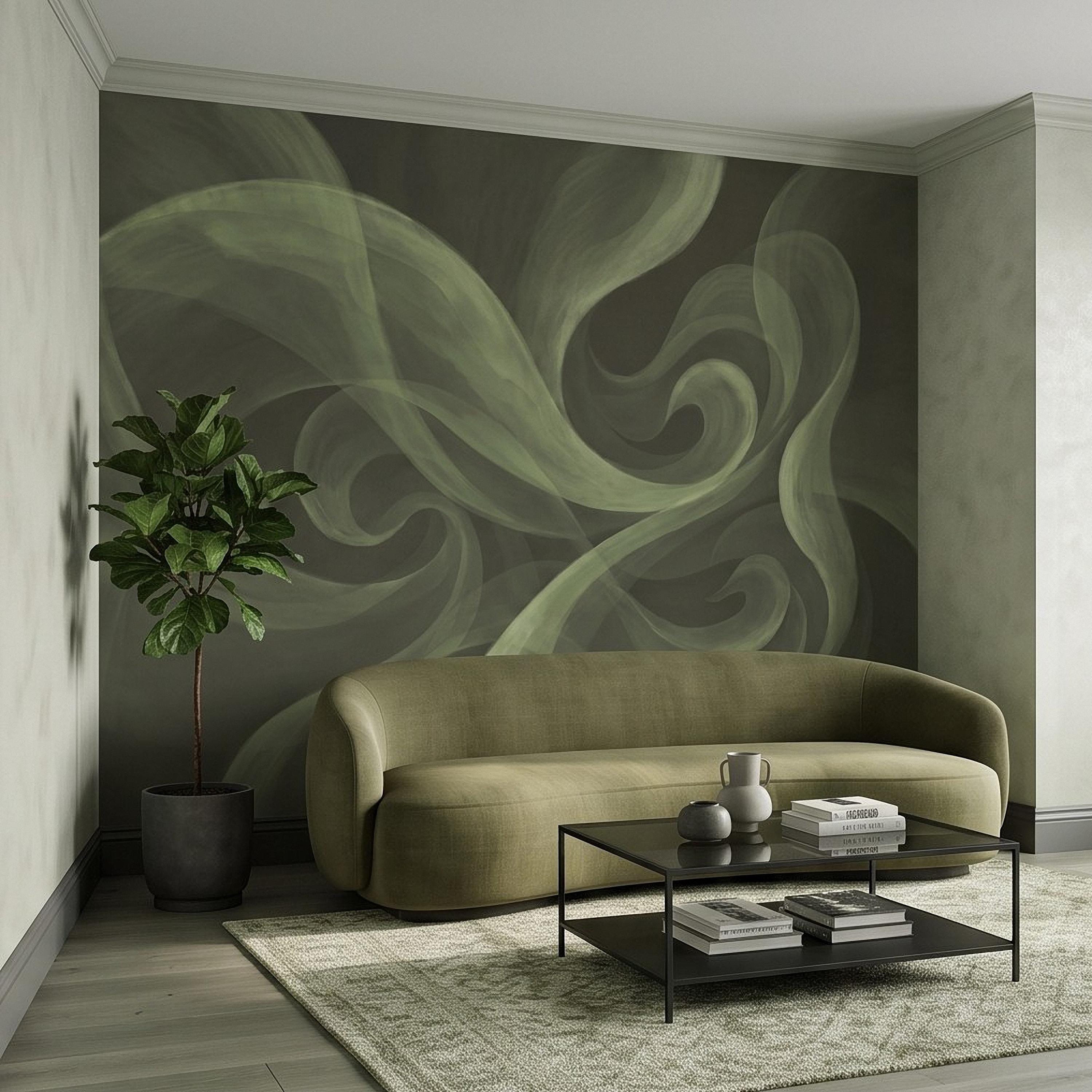Abstract Sage Green Peel and Stick Wall Mural, Organic Brushstroke Flow Modern Minimalist Swirl Wallpaper