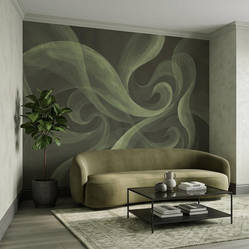 Abstract sage green swirl brushstroke wall mural covering a feature wall