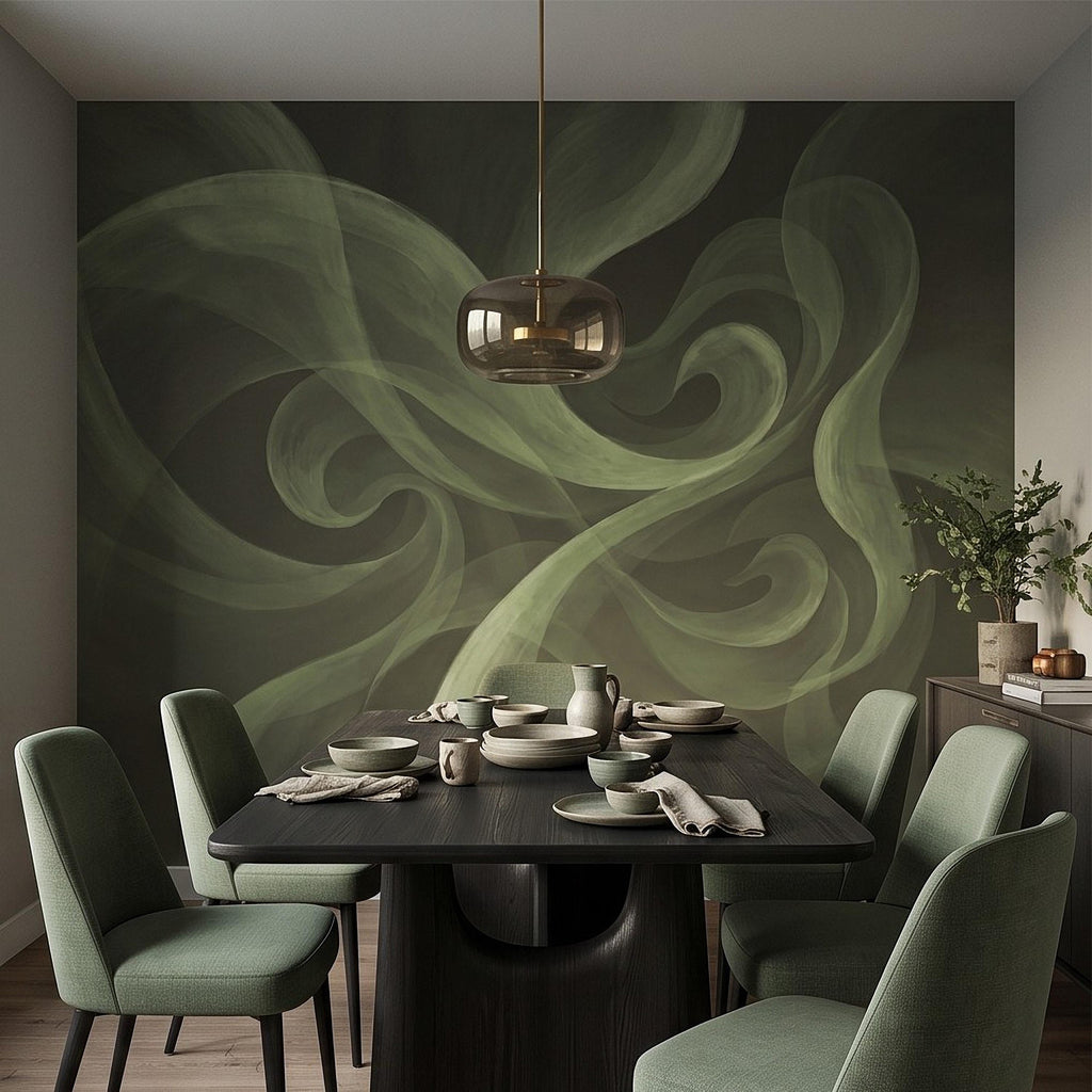 Abstract Sage Green Peel and Stick Wall Mural, Organic Brushstroke Flow Modern Minimalist Swirl Wallpaper