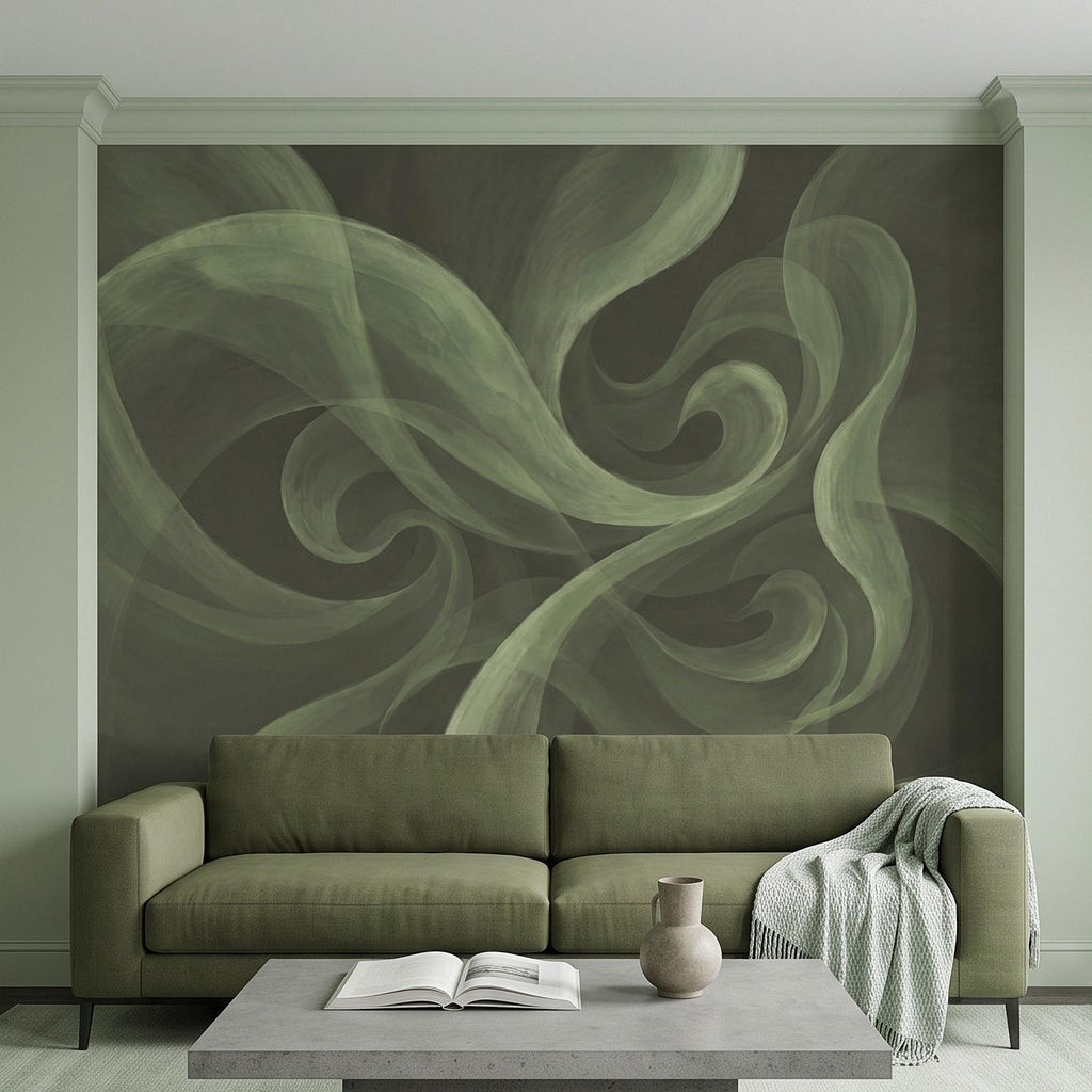 Abstract Sage Green Peel and Stick Wall Mural, Organic Brushstroke Flow Modern Minimalist Swirl Wallpaper