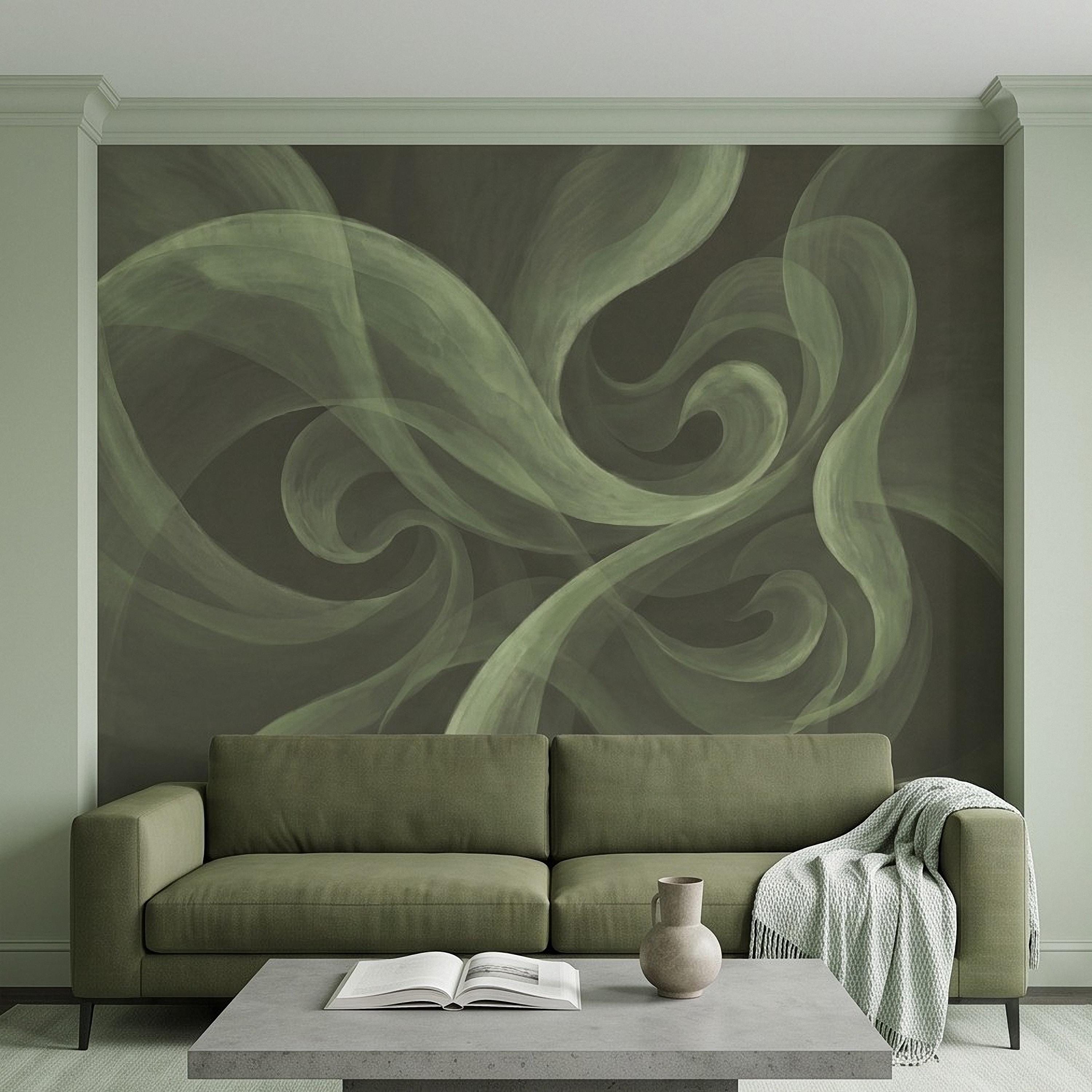 Abstract Sage Green Peel and Stick Wall Mural, Organic Brushstroke Flow Modern Minimalist Swirl Wallpaper