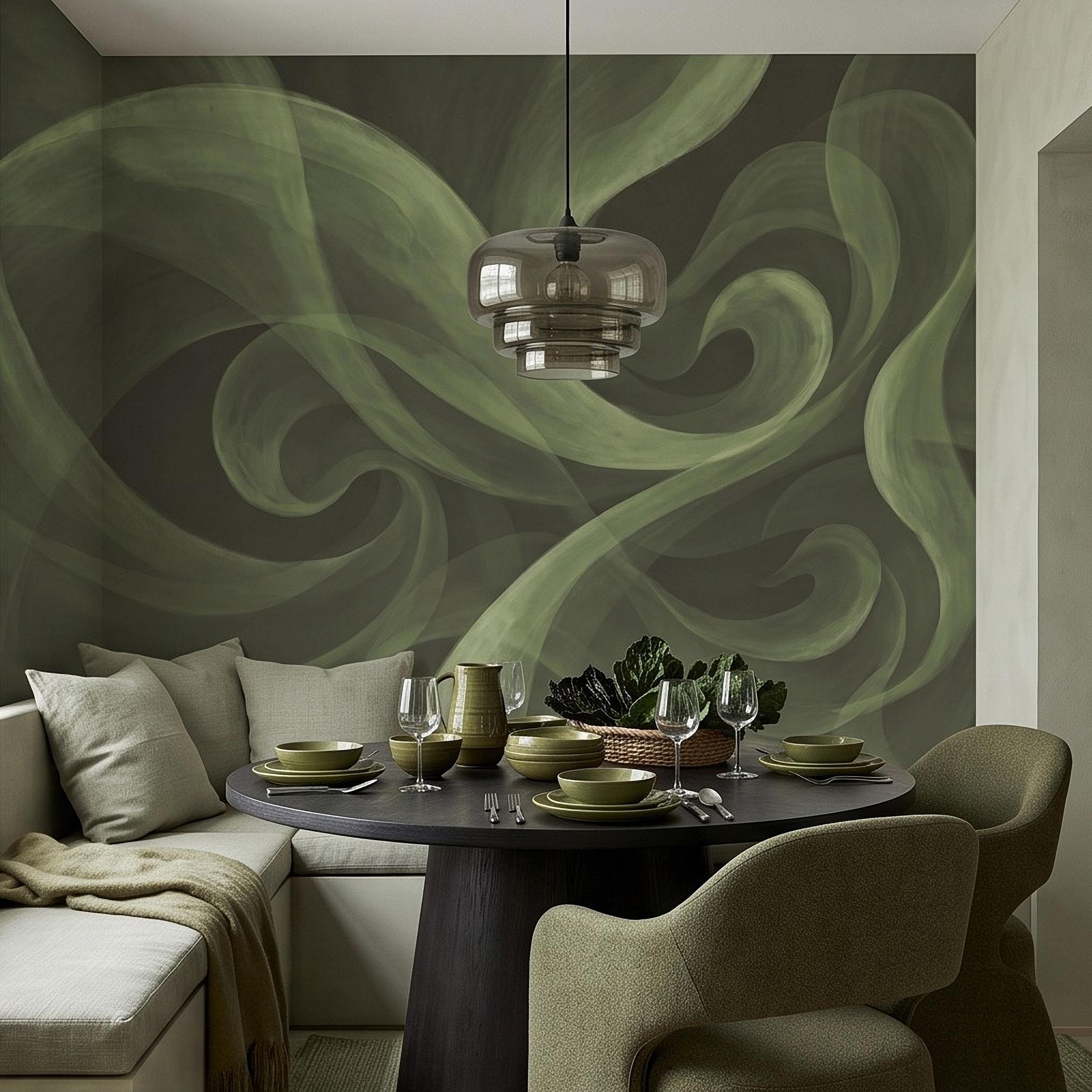 Abstract Sage Green Peel and Stick Wall Mural, Organic Brushstroke Flow Modern Minimalist Swirl Wallpaper