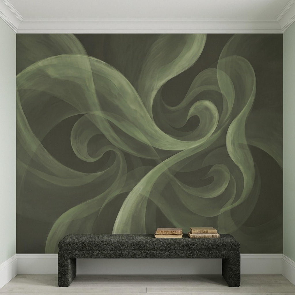 Abstract Sage Green Peel and Stick Wall Mural, Organic Brushstroke Flow Modern Minimalist Swirl Wallpaper