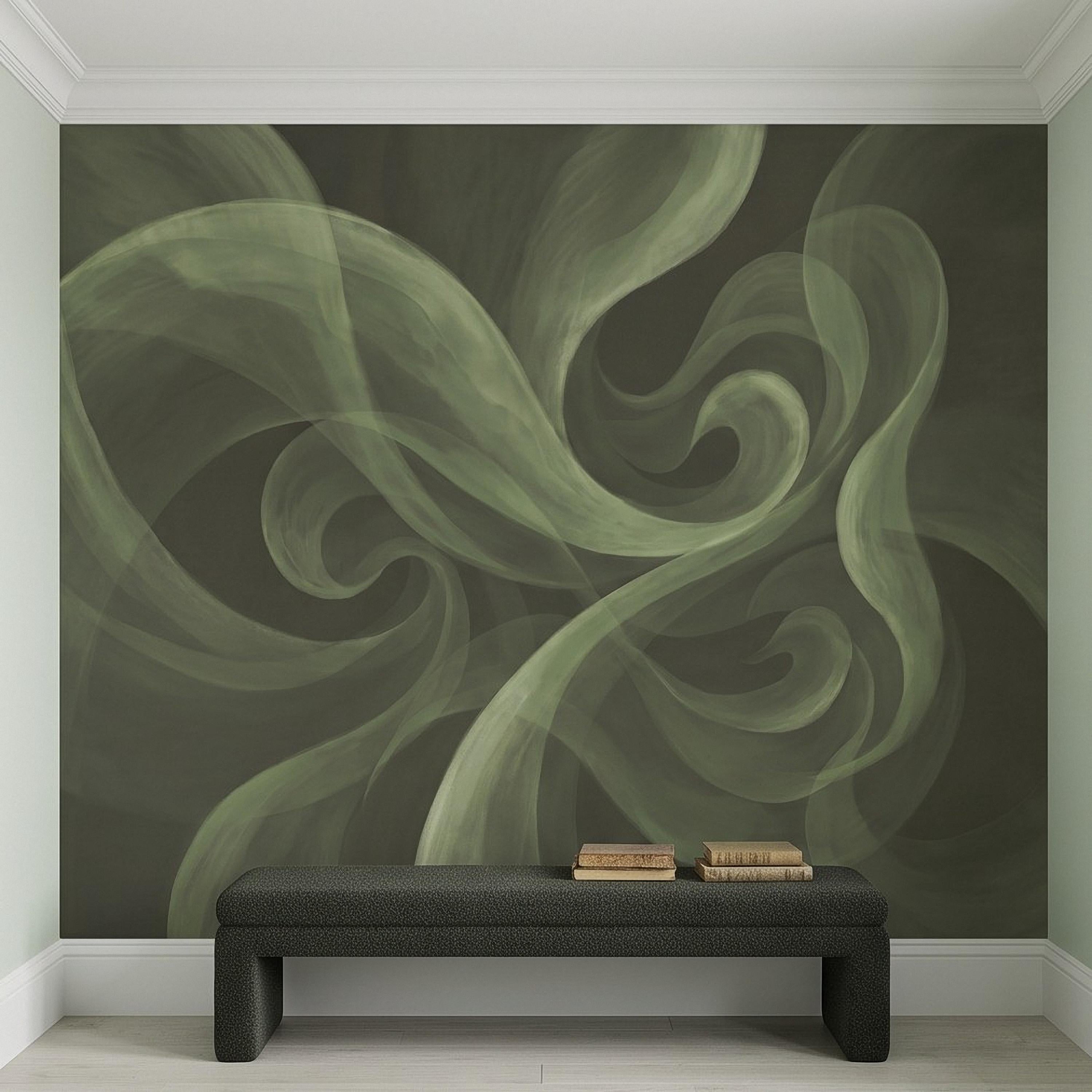 Abstract Sage Green Peel and Stick Wall Mural, Organic Brushstroke Flow Modern Minimalist Swirl Wallpaper