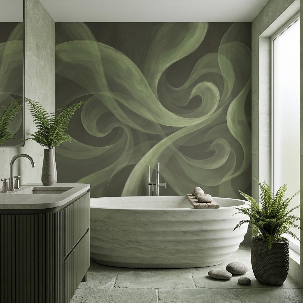 Abstract Sage Green Peel and Stick Wall Mural, Organic Brushstroke Flow Modern Minimalist Swirl Wallpaper