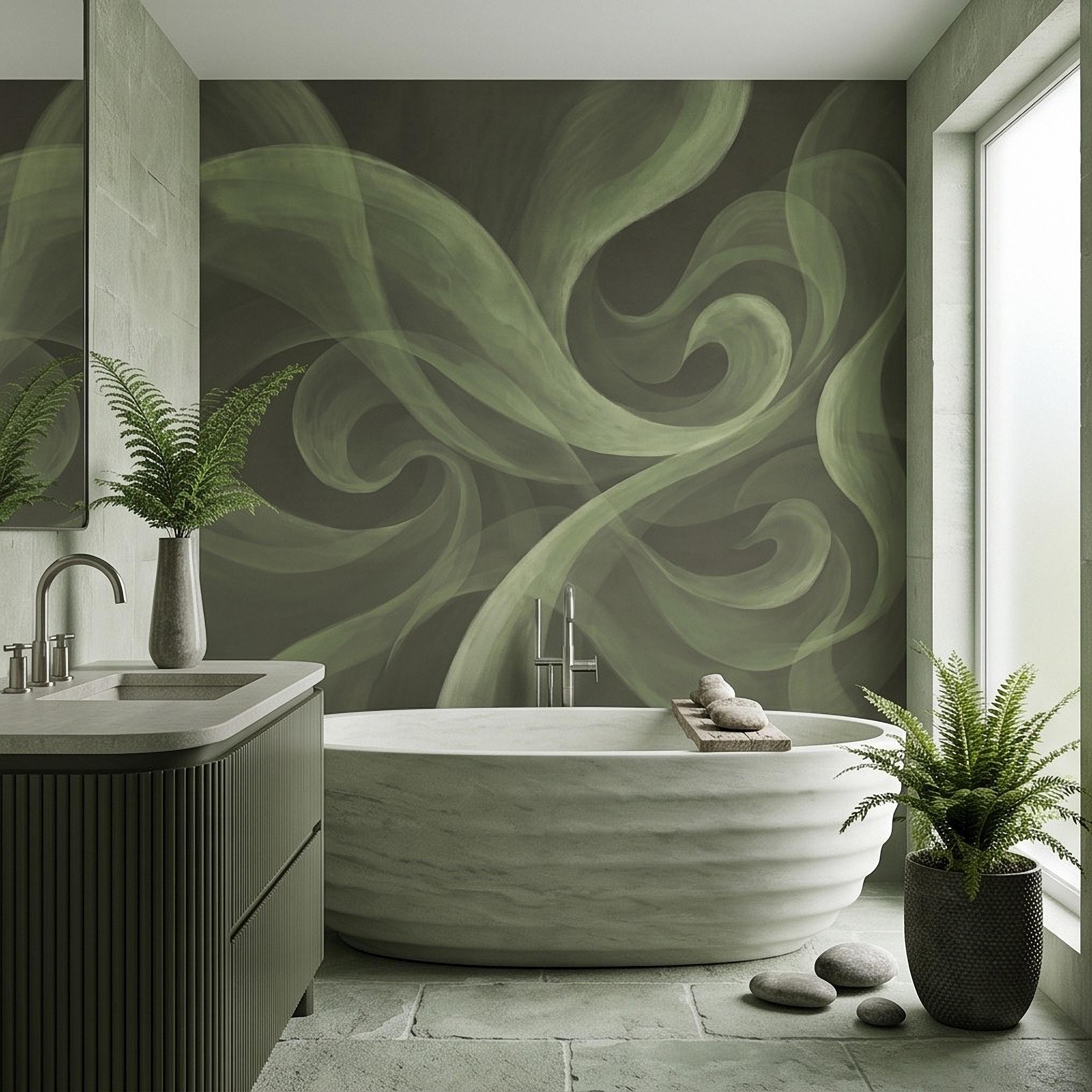Abstract Sage Green Peel and Stick Wall Mural, Organic Brushstroke Flow Modern Minimalist Swirl Wallpaper