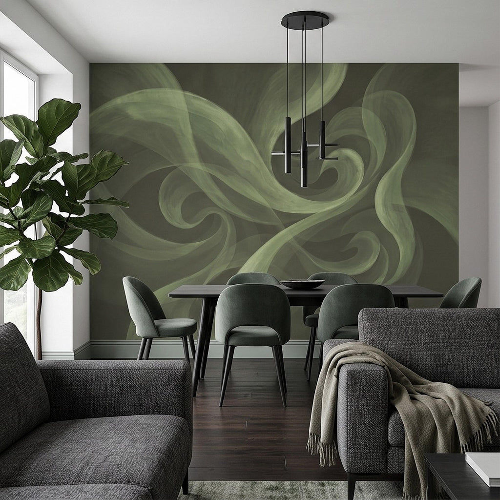 Abstract Sage Green Peel and Stick Wall Mural, Organic Brushstroke Flow Modern Minimalist Swirl Wallpaper