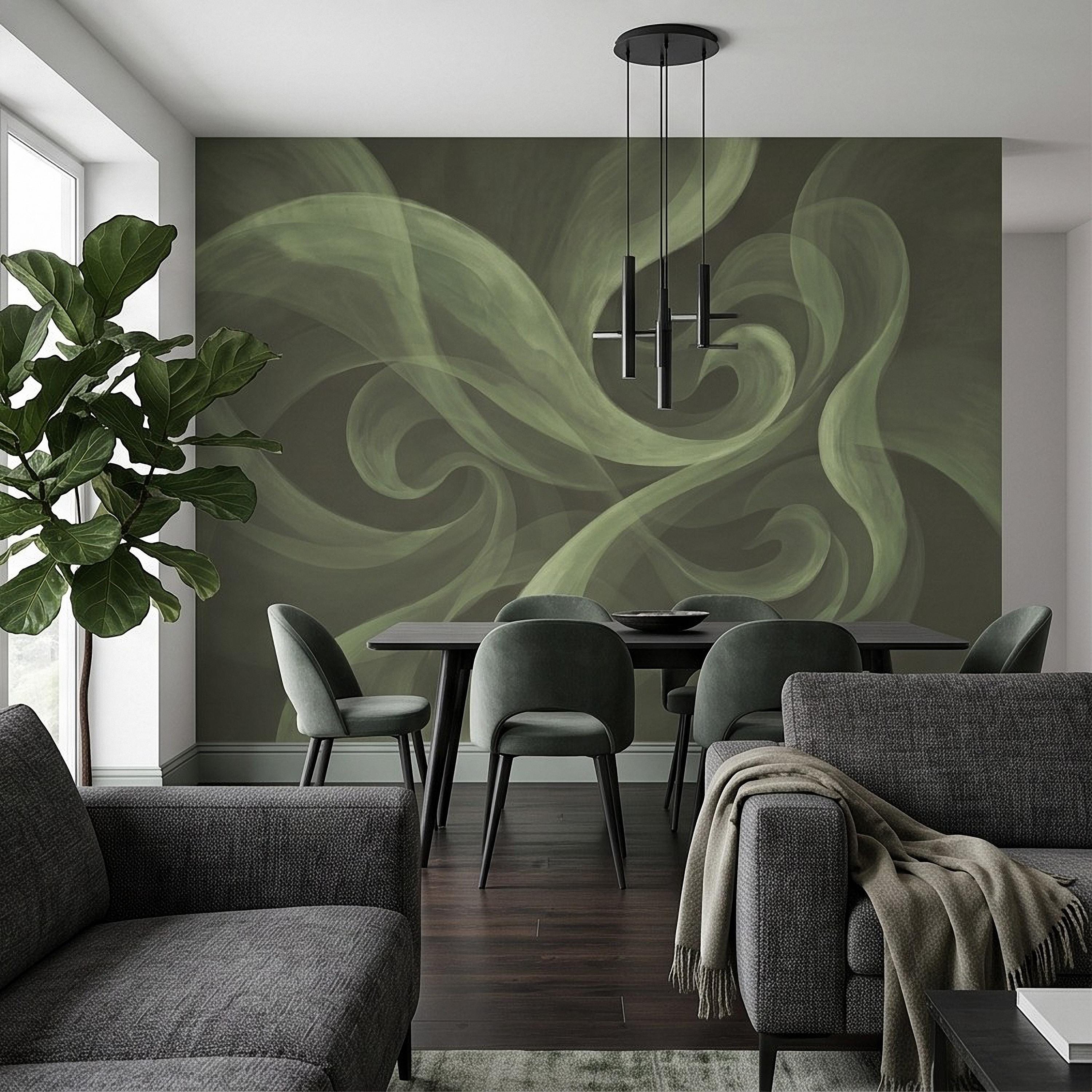 Abstract Sage Green Peel and Stick Wall Mural, Organic Brushstroke Flow Modern Minimalist Swirl Wallpaper