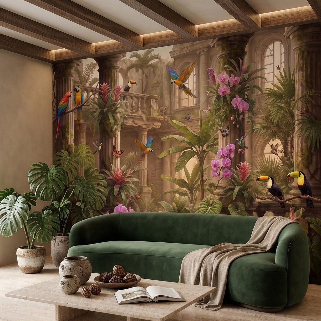 Tropical Ruins Peel and Stick Wall Mural, Classical Architecture Exotic Parrots Toucans Orchids Wallpaper