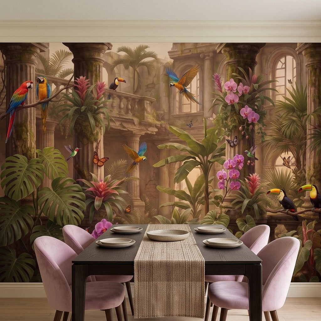 Tropical Ruins Peel and Stick Wall Mural, Classical Architecture Exotic Parrots Toucans Orchids Wallpaper