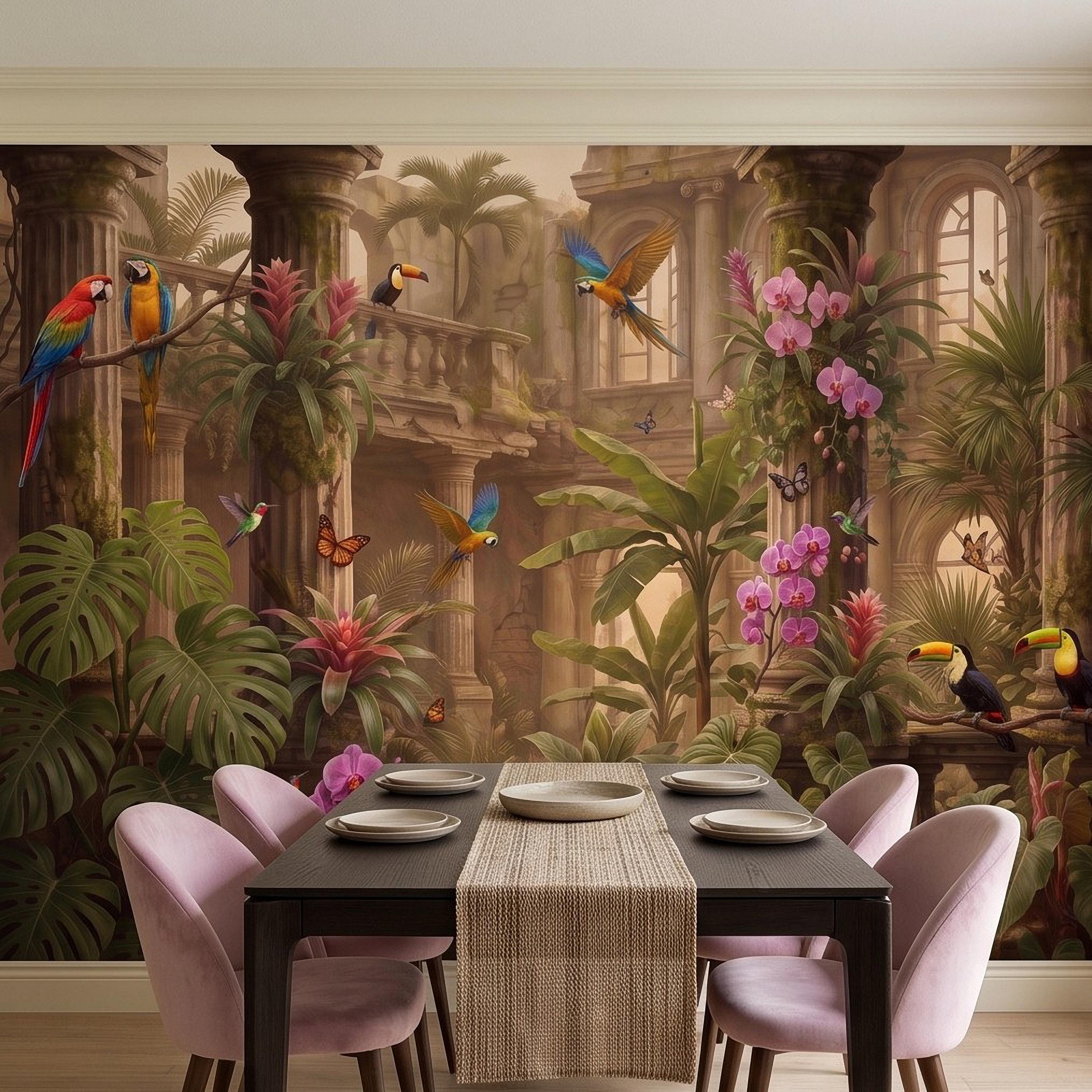 Tropical Ruins Peel and Stick Wall Mural, Classical Architecture Exotic Parrots Toucans Orchids Wallpaper
