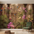 Tropical Ruins Peel and Stick Wall Mural, Classical Architecture Exotic Parrots Toucans Orchids Wallpaper