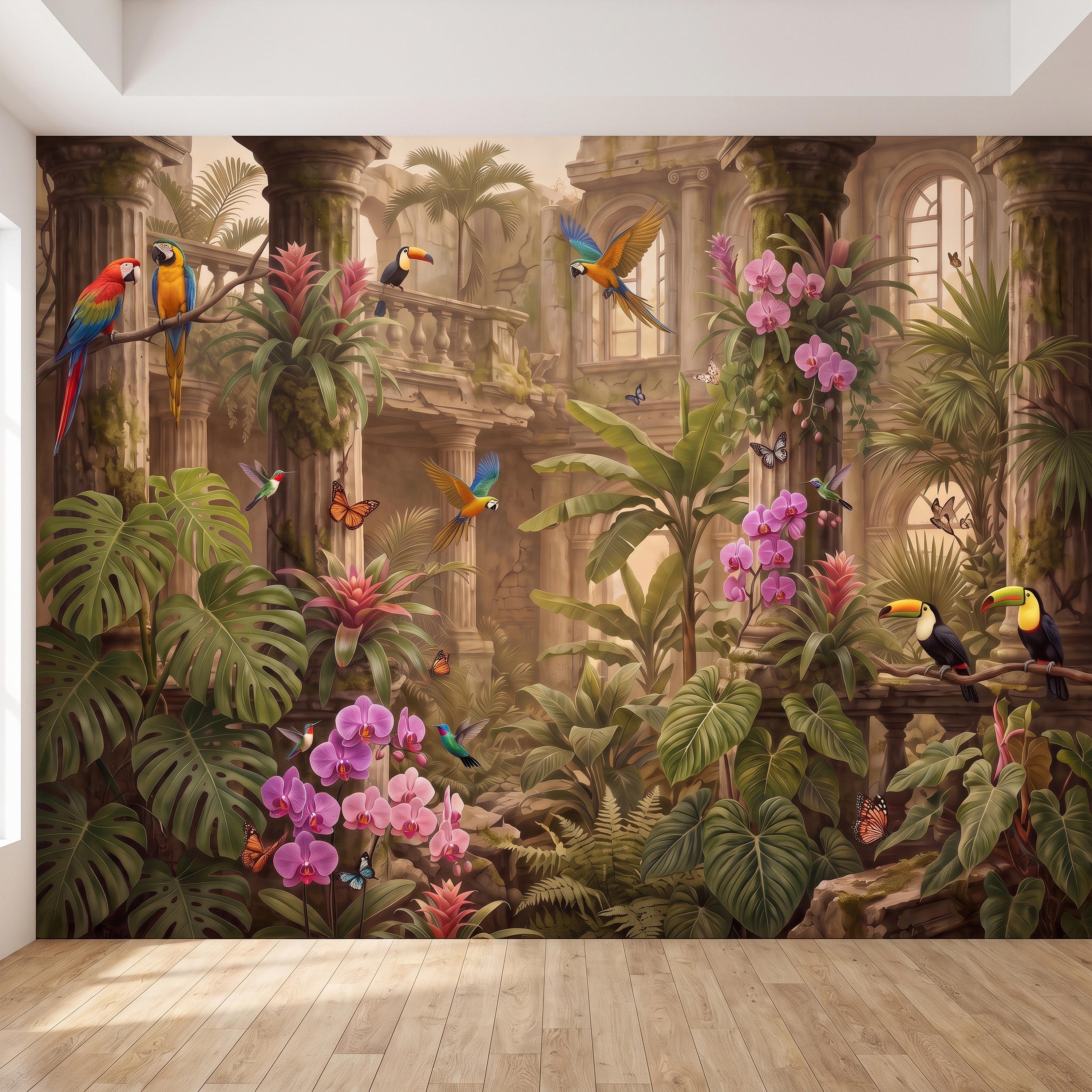 Tropical Ruins Peel and Stick Wall Mural, Classical Architecture Exotic Parrots Toucans Orchids Wallpaper