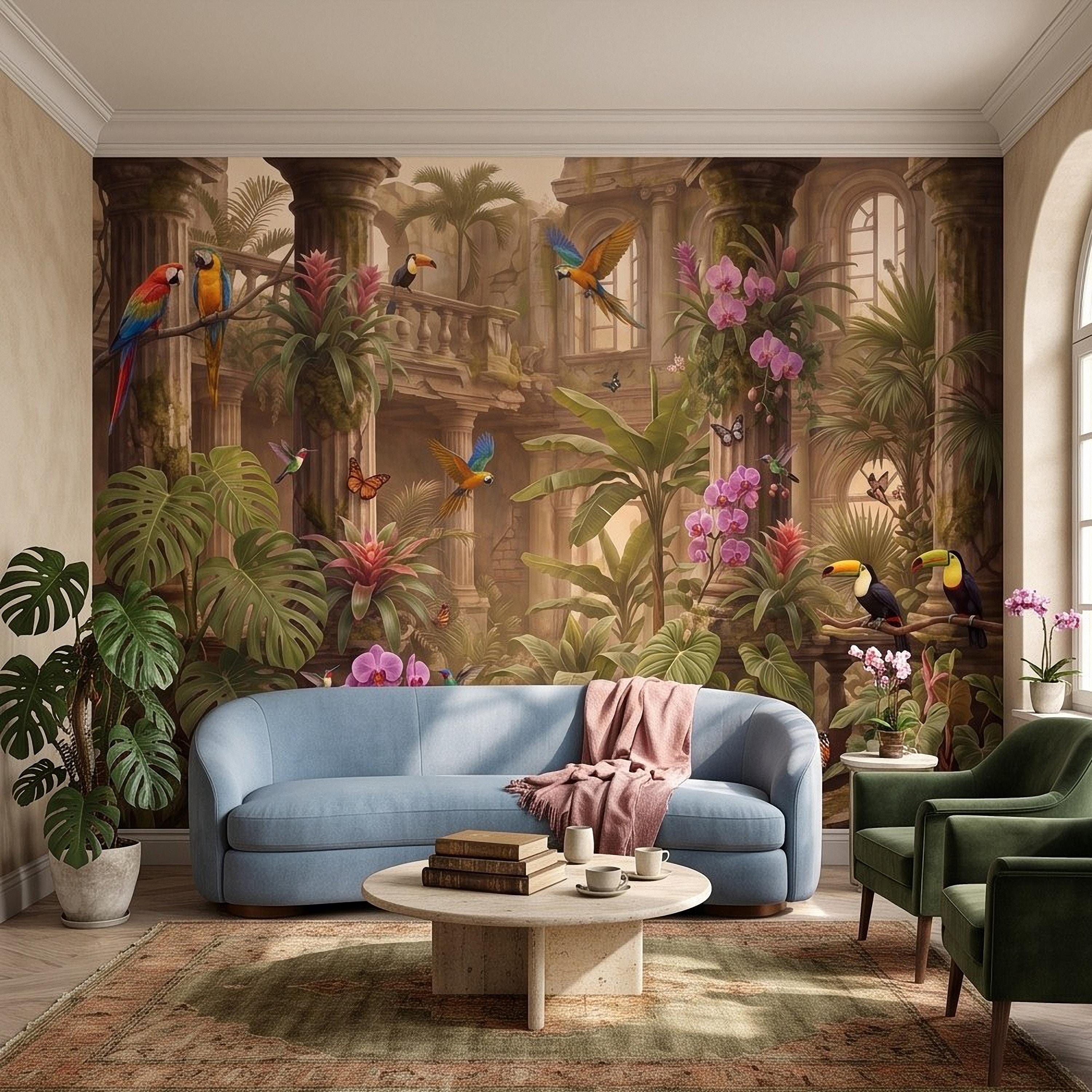 Tropical Ruins Peel and Stick Wall Mural, Classical Architecture Exotic Parrots Toucans Orchids Wallpaper