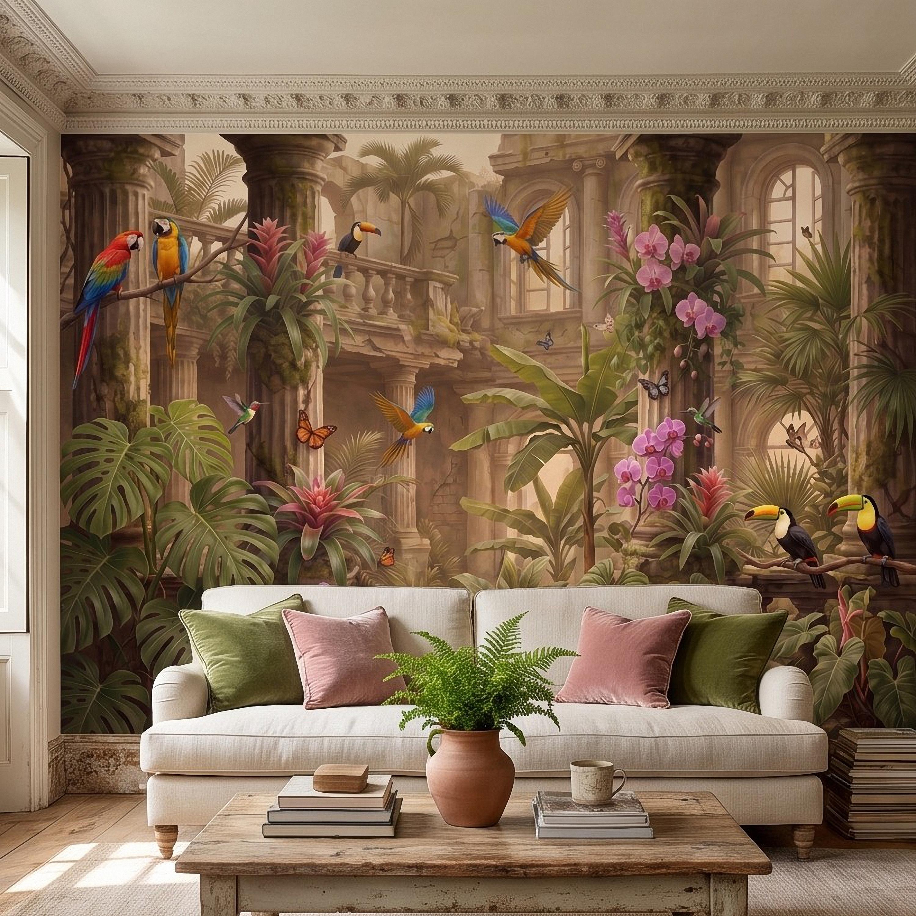 Tropical Ruins Peel and Stick Wall Mural, Classical Architecture Exotic Parrots Toucans Orchids Wallpaper