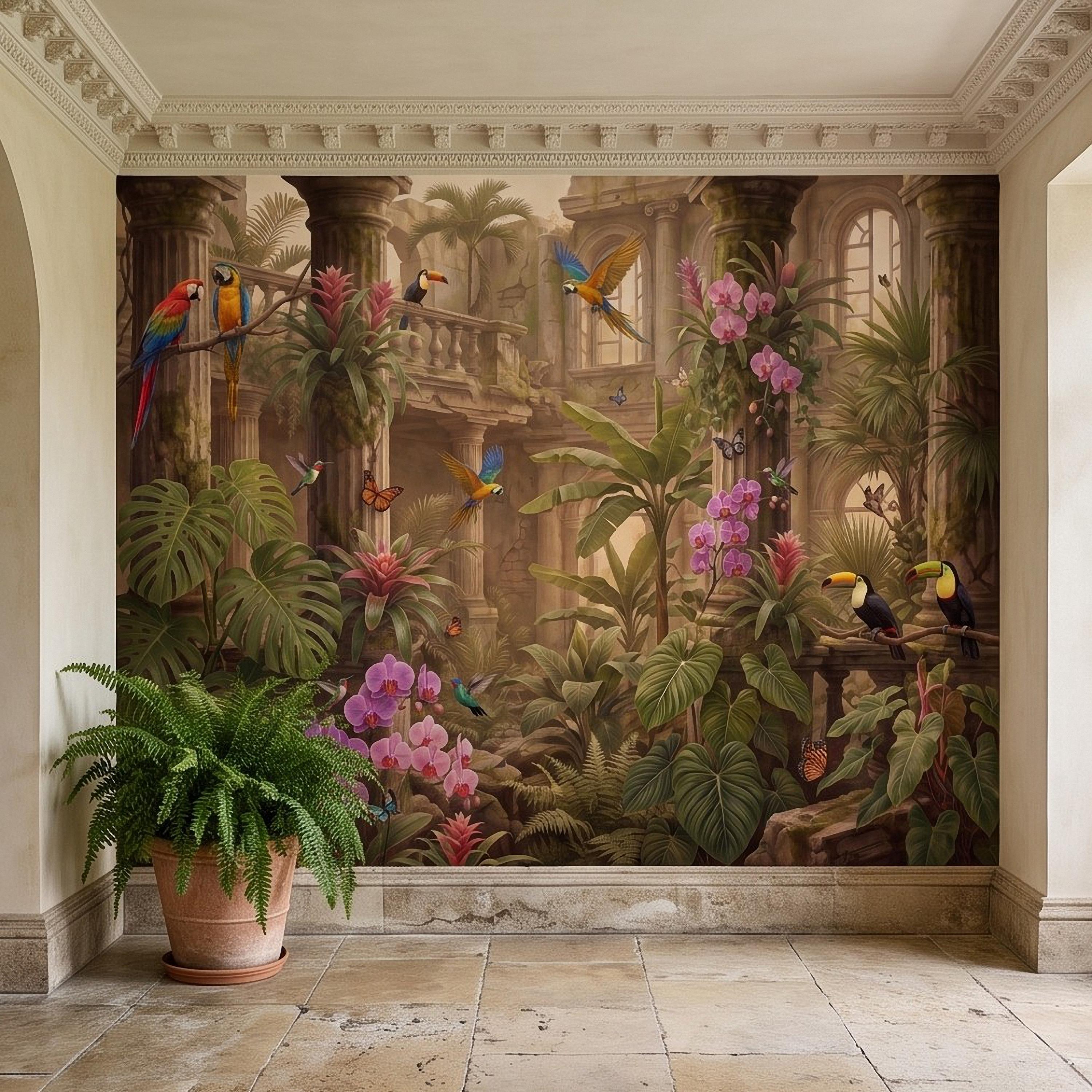Tropical Ruins Peel and Stick Wall Mural, Classical Architecture Exotic Parrots Toucans Orchids Wallpaper