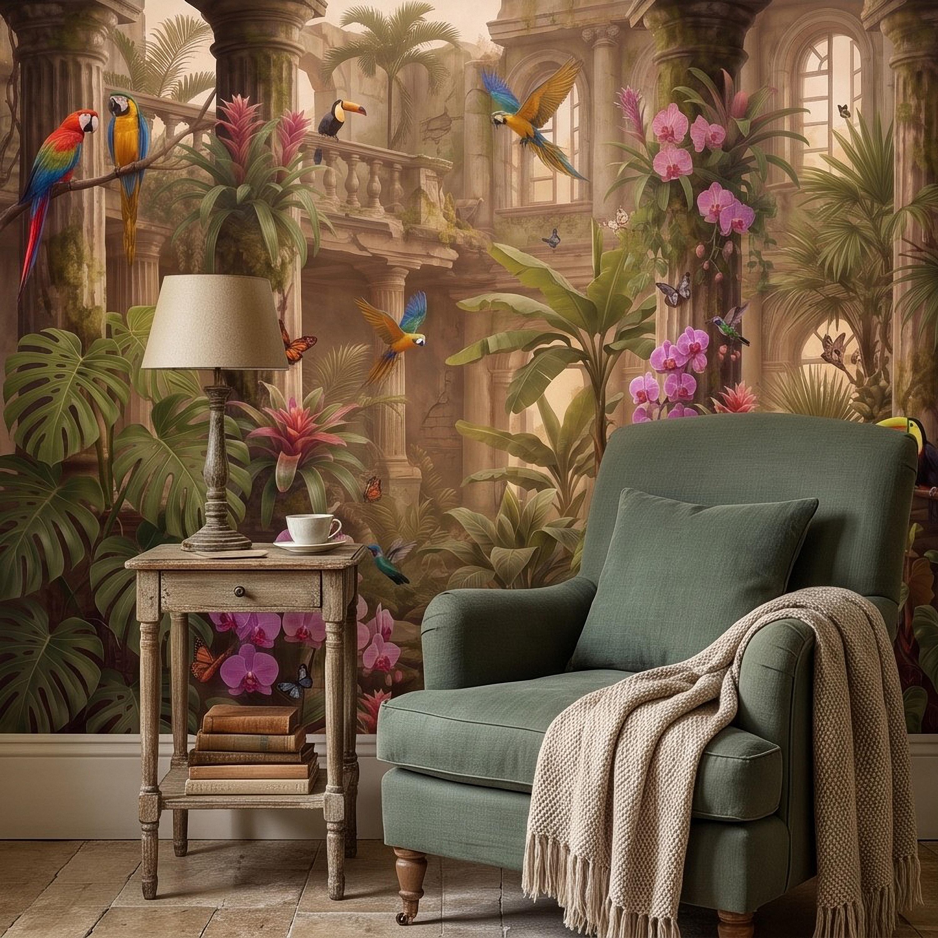 Tropical Ruins Peel and Stick Wall Mural, Classical Architecture Exotic Parrots Toucans Orchids Wallpaper