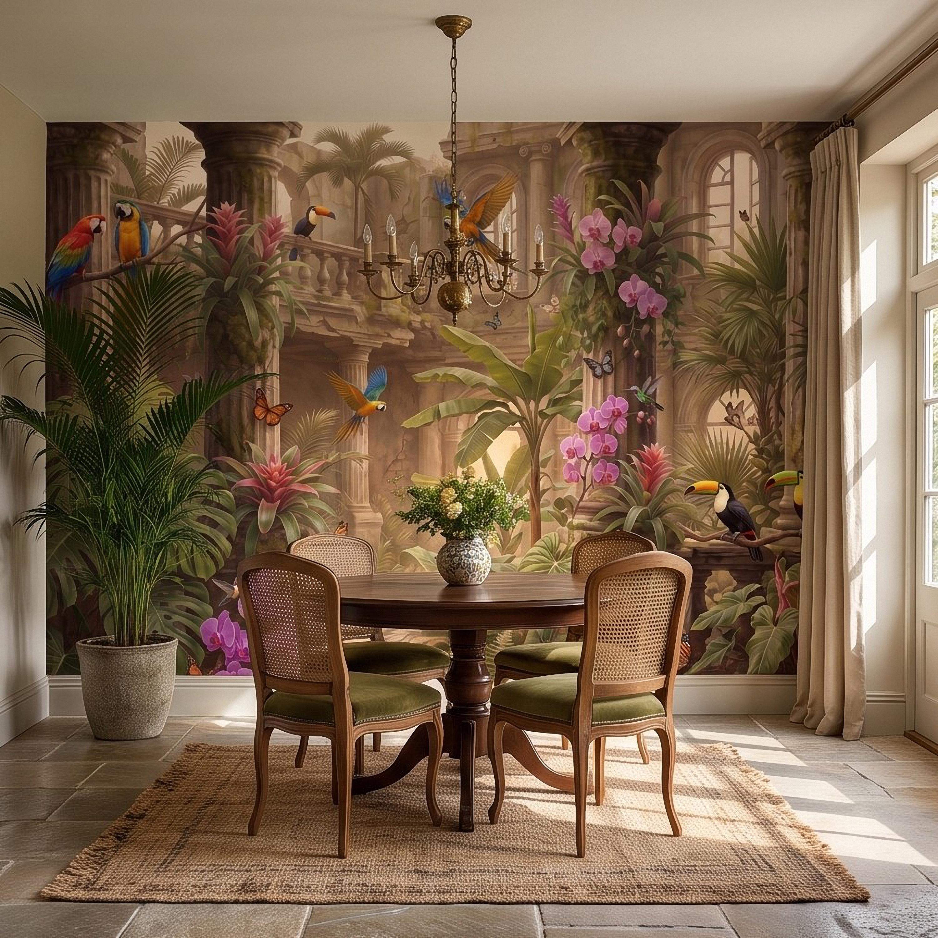 Tropical Ruins Peel and Stick Wall Mural, Classical Architecture Exotic Parrots Toucans Orchids Wallpaper