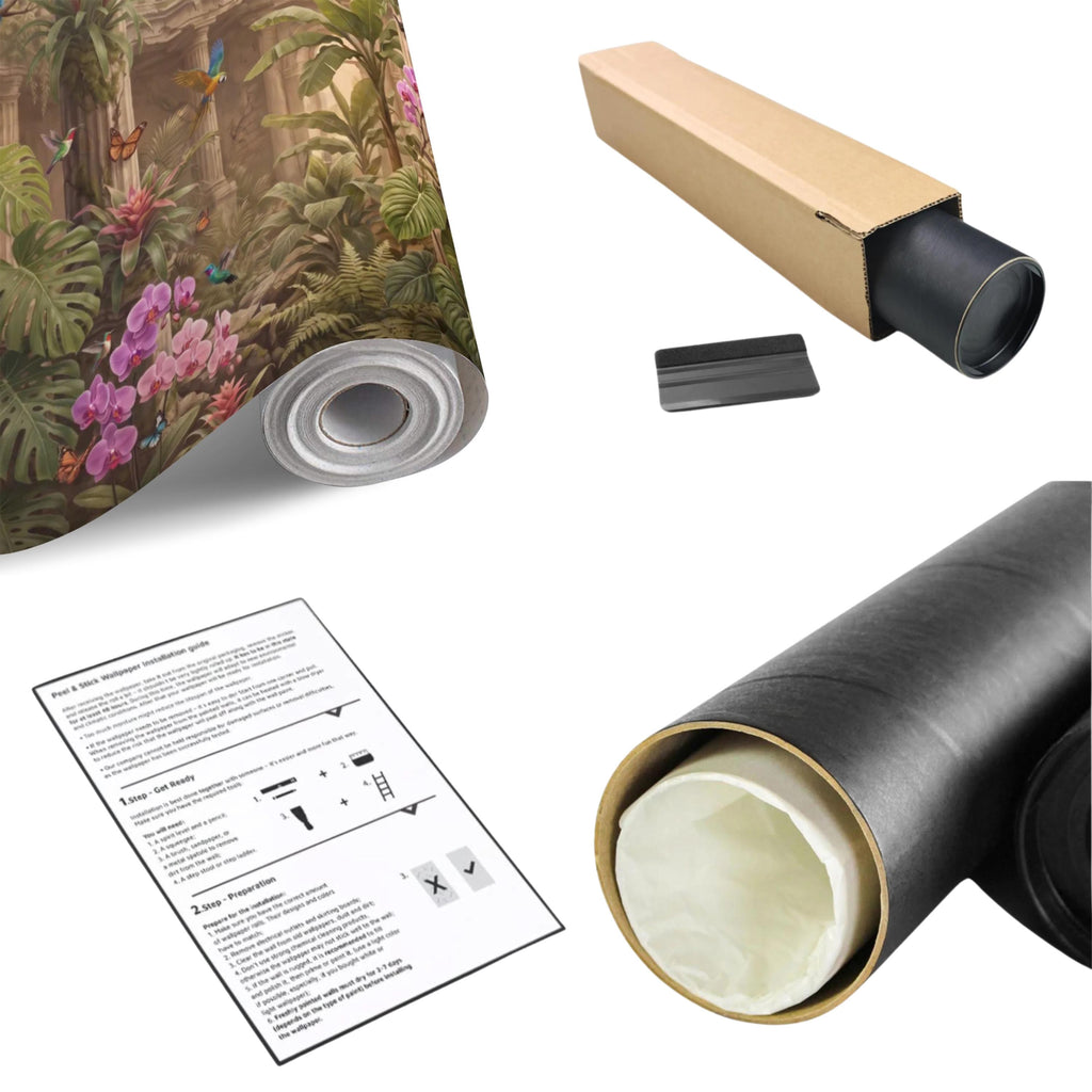Tropical Ruins Peel and Stick Wall Mural, Classical Architecture Exotic Parrots Toucans Orchids Wallpaper