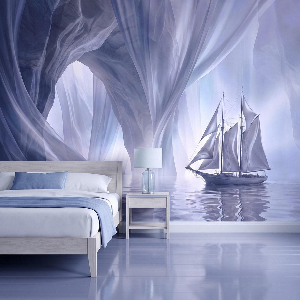 Dreamy Sailing Ship Peel and Stick Wall Mural, Ethereal Blue Sea Cave Misty Ocean Seascape Surreal Coastal Wallpaper