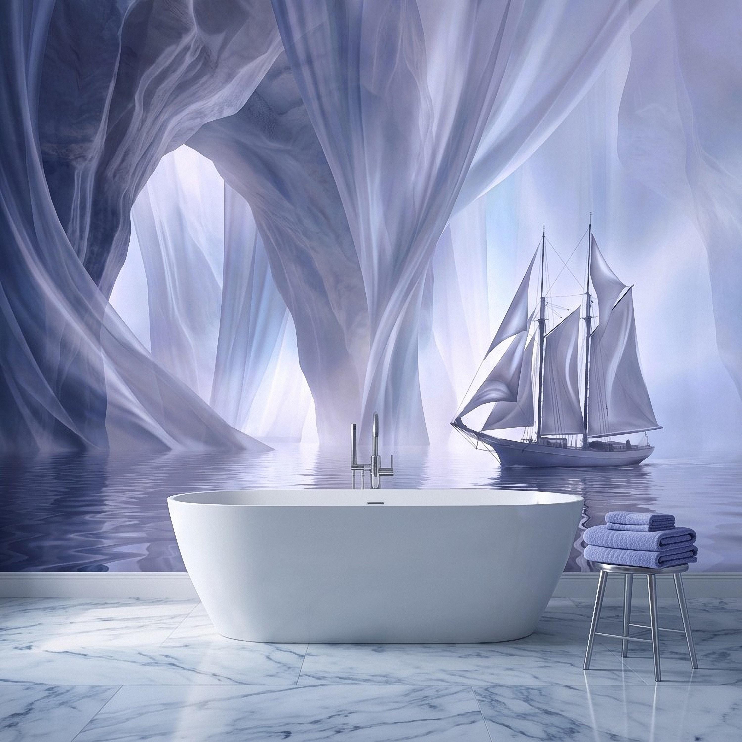 Dreamy Sailing Ship Peel and Stick Wall Mural, Ethereal Blue Sea Cave Misty Ocean Seascape Surreal Coastal Wallpaper