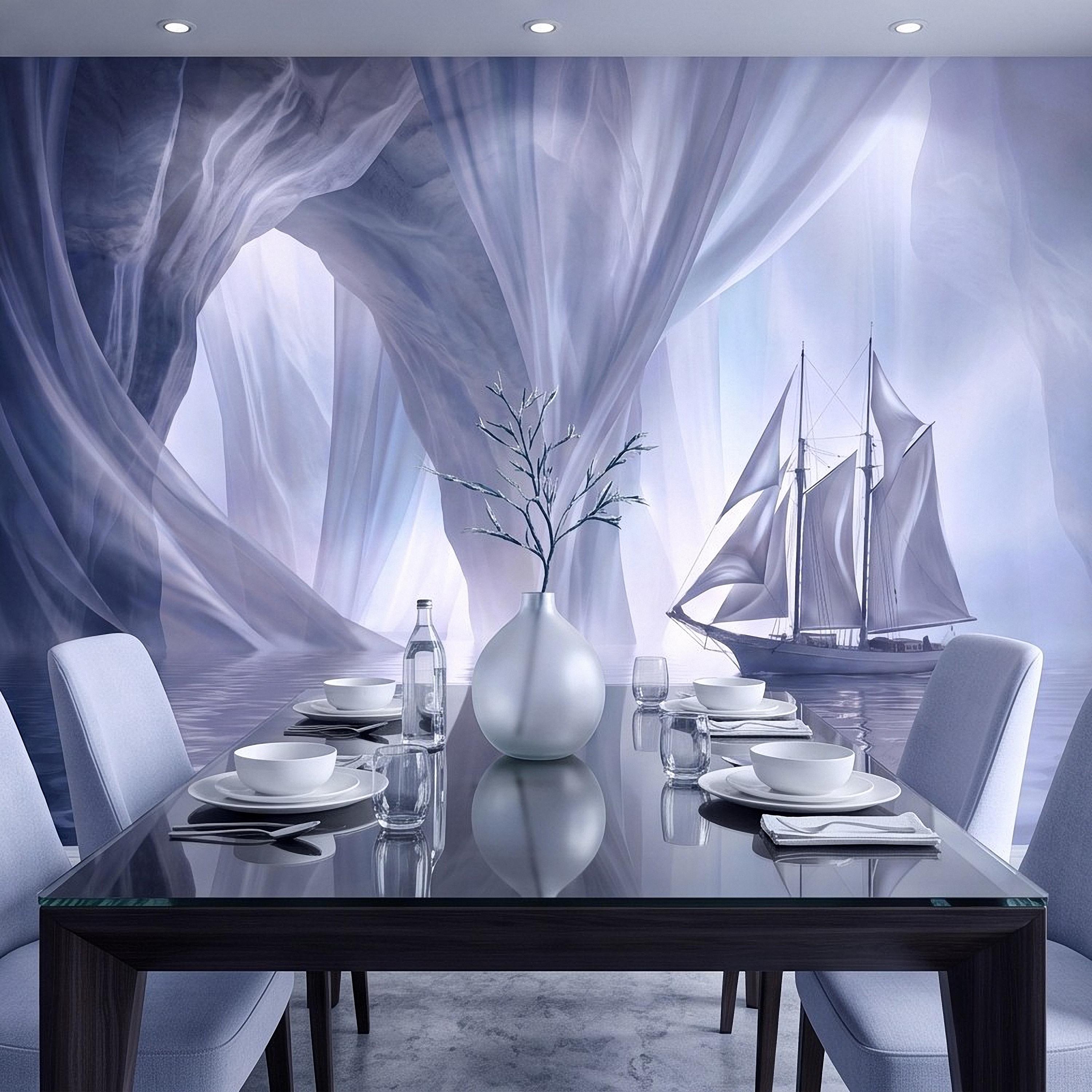 Dreamy Sailing Ship Peel and Stick Wall Mural, Ethereal Blue Sea Cave Misty Ocean Seascape Surreal Coastal Wallpaper