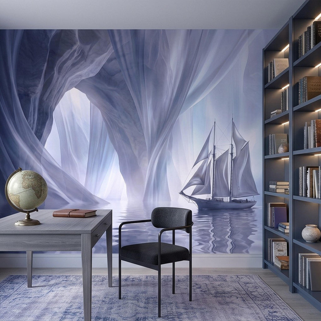 Dreamy Sailing Ship Peel and Stick Wall Mural, Ethereal Blue Sea Cave Misty Ocean Seascape Surreal Coastal Wallpaper