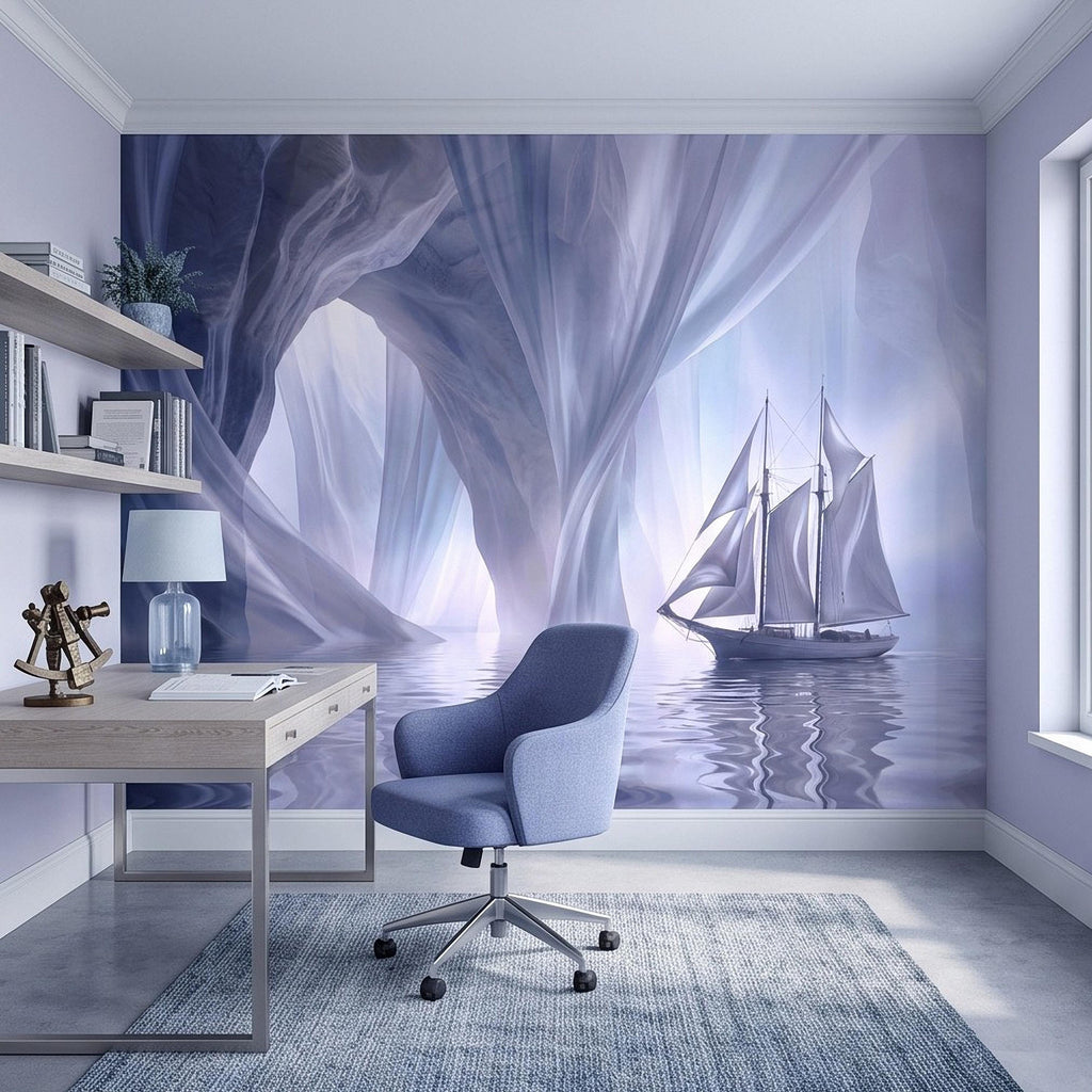 Dreamy Sailing Ship Peel and Stick Wall Mural, Ethereal Blue Sea Cave Misty Ocean Seascape Surreal Coastal Wallpaper