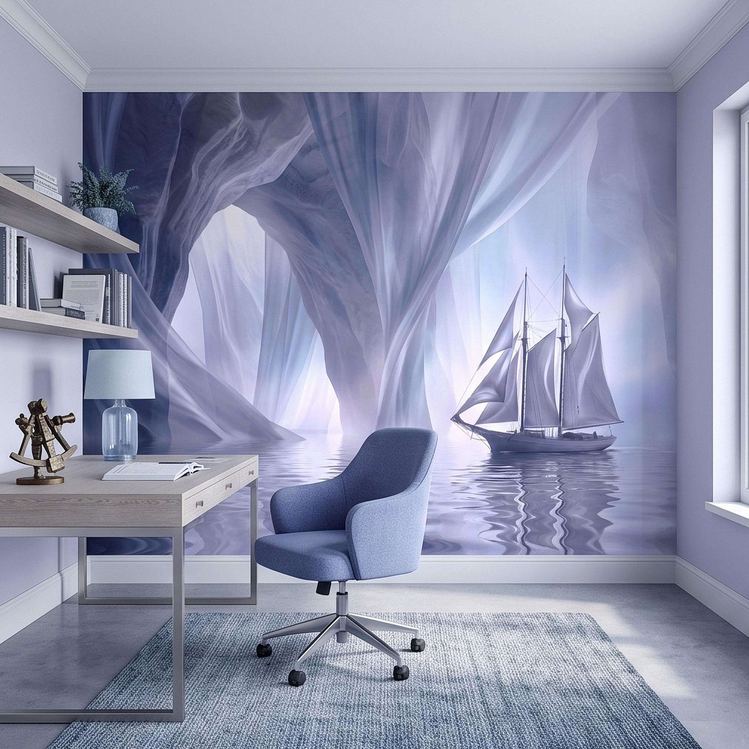 Dreamy Sailing Ship Peel and Stick Wall Mural, Ethereal Blue Sea Cave Misty Ocean Seascape Surreal Coastal Wallpaper