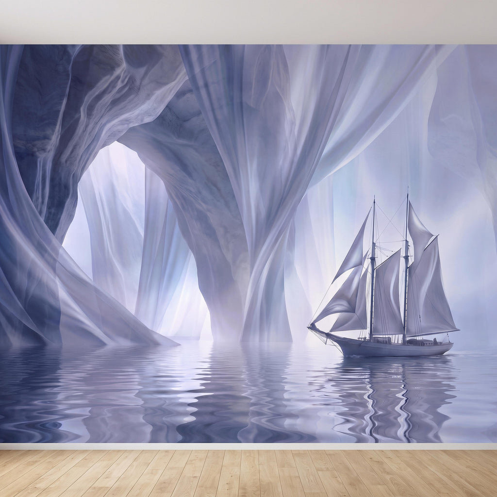 Dreamy Sailing Ship Peel and Stick Wall Mural, Ethereal Blue Sea Cave Misty Ocean Seascape Surreal Coastal Wallpaper