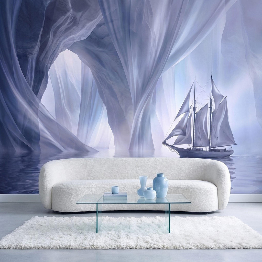 Dreamy Sailing Ship Peel and Stick Wall Mural, Ethereal Blue Sea Cave Misty Ocean Seascape Surreal Coastal Wallpaper