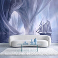 Dreamy Sailing Ship Peel and Stick Wall Mural, Ethereal Blue Sea Cave Misty Ocean Seascape Surreal Coastal Wallpaper